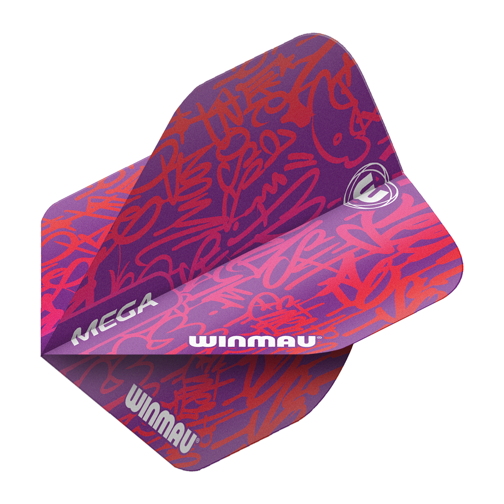 6900-242_Winmau_Mega_Red_Standard_Flights_2 Das Bild zeigt die "Winmau Mega Red Standard Flights" für Darts. Sie sind lila mit roten grafischen Mustern und dem weißen Winmau-Logo bedruckt.
