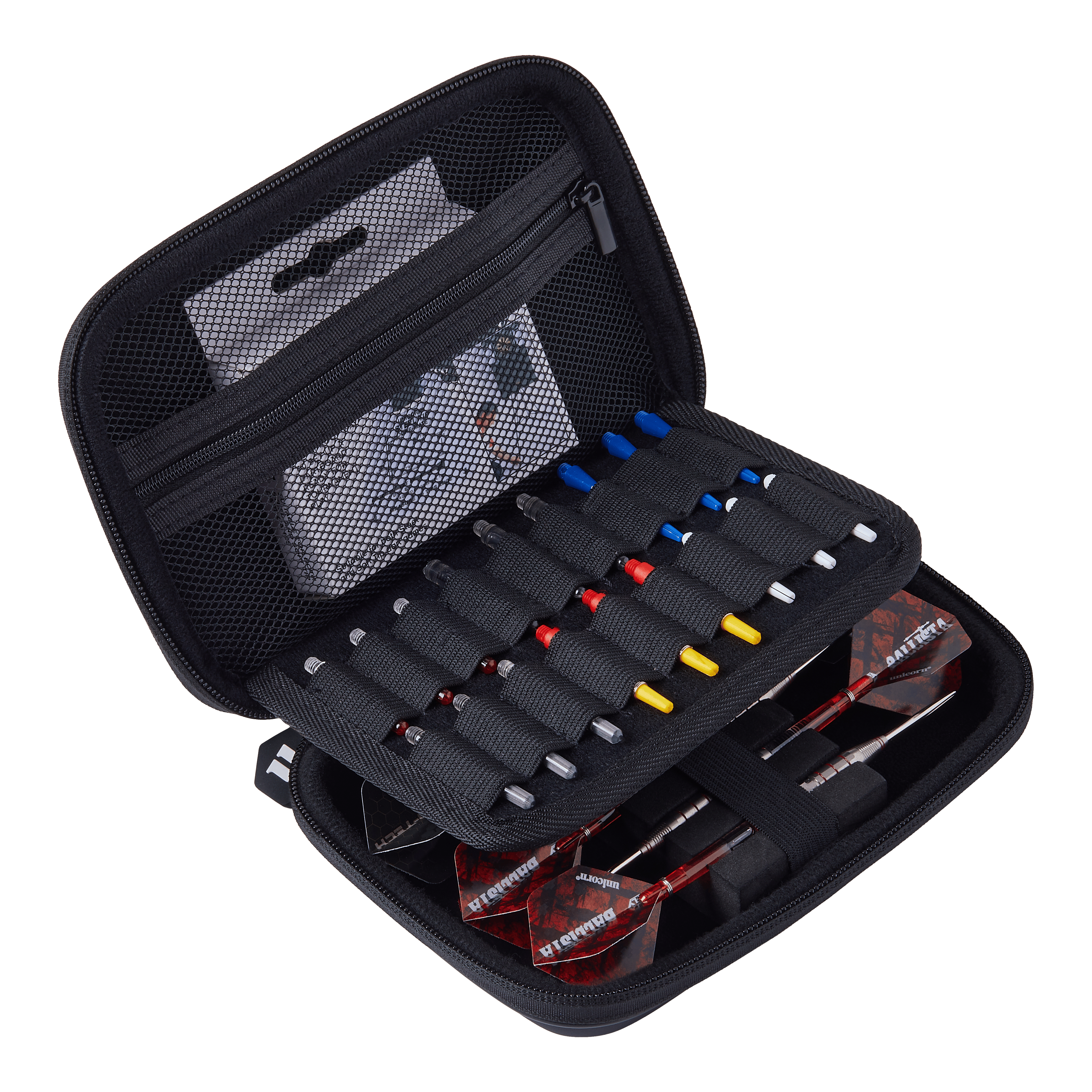 Unicorn Ultra Gary Anderson dart wallet Das Bild zeigt das Produkt "Unicorn Ultra Gary Anderson Dartwallet". Das Dartwallet ist offen und enthält mehrere Ersatzteile sowie zwei zusammengebaute Darts.