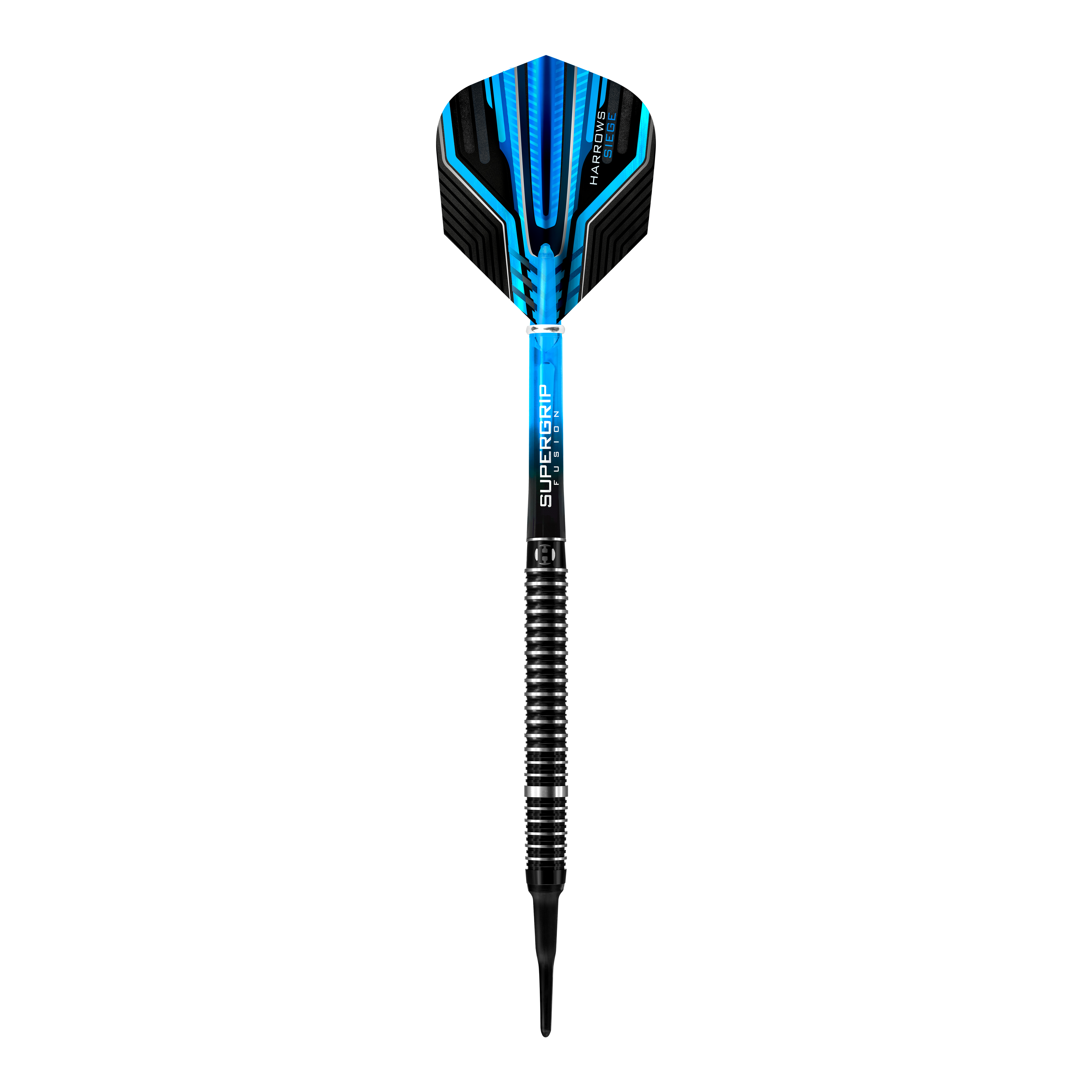 Dies ist ein Harrows Siege Softdart mit einem modernen, blauen Design. Der Dart hat einen schwarzen gerillten Griff und eine auffällige Flight.