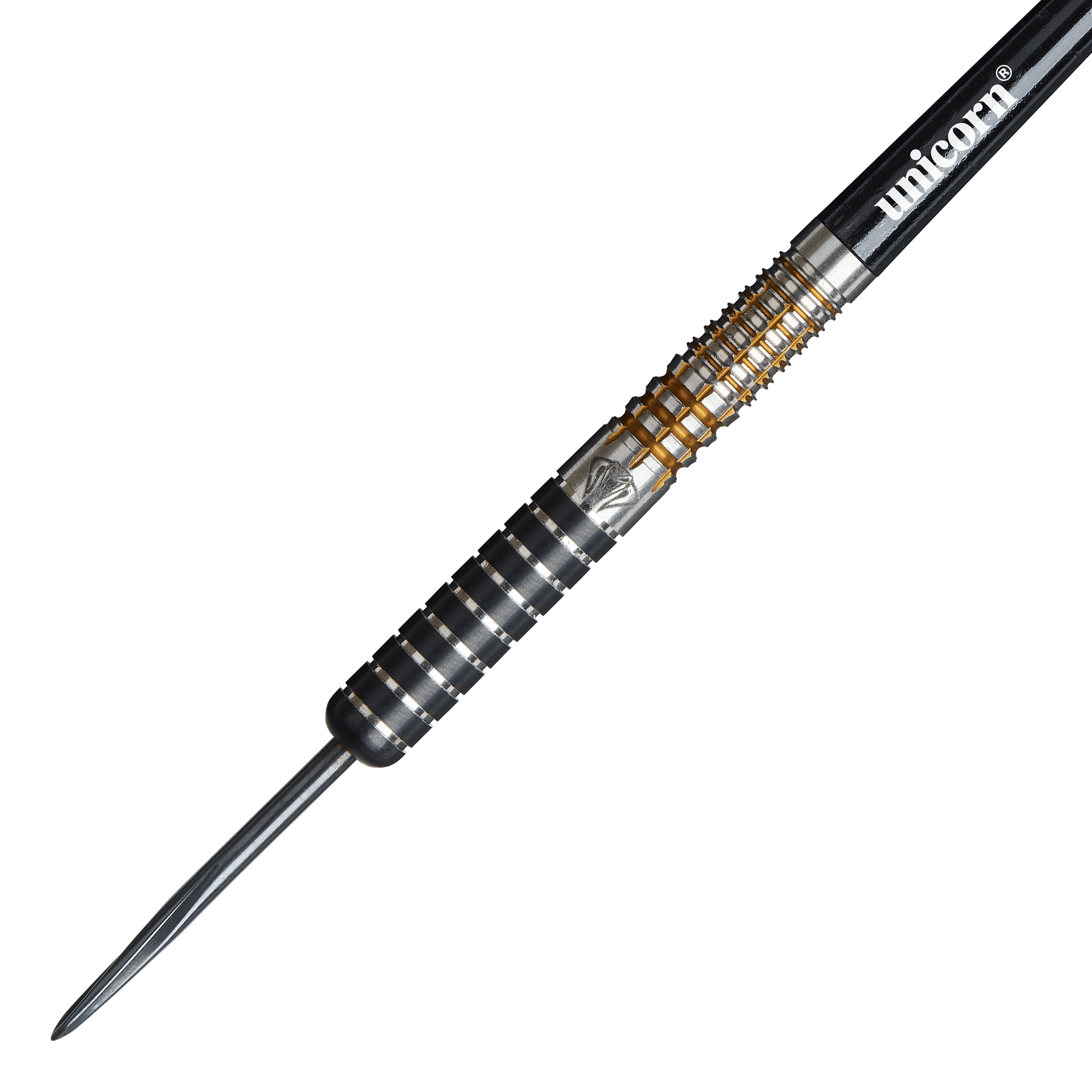 Unicorn Maestro Jeffrey De Zwaan Phase 3 steel darts Das Bild zeigt einen Unicorn Maestro Jeffrey De Zwaan Phase 3 Steeldart. Der Dart hat ein silber-schwarzes Design mit goldenen Akzenten und der Aufschrift "unicorn" auf dem Schaft.