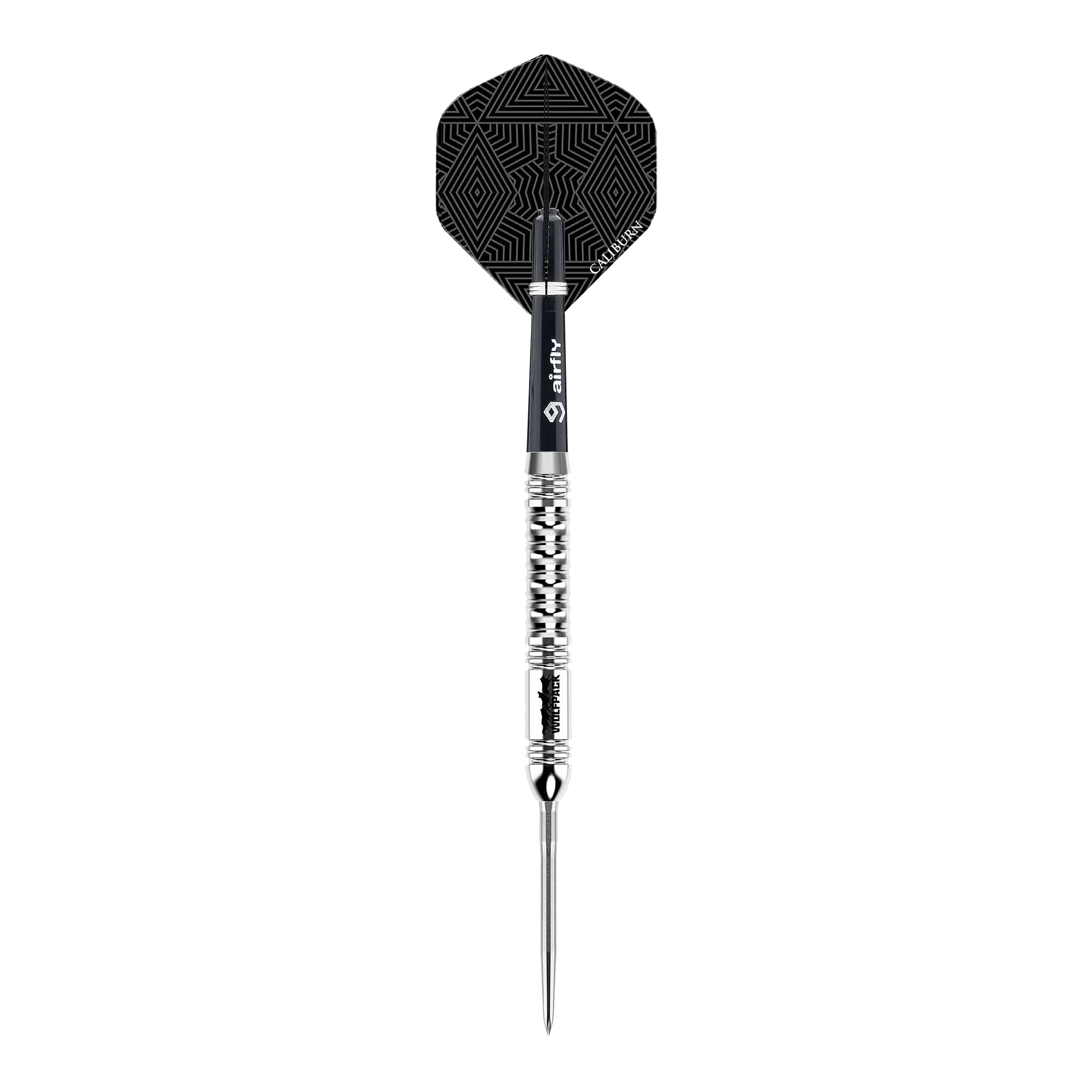 Caliburn Wolfpack W1 steel darts - 23g Der Caliburn Wolfpack W1 Steeldart wiegt 23,5 Gramm und hat ein auffälliges silbernes Design mit strukturiertem Griff. Die Flights sind schwarz mit einem geometrischen Muster versehen.