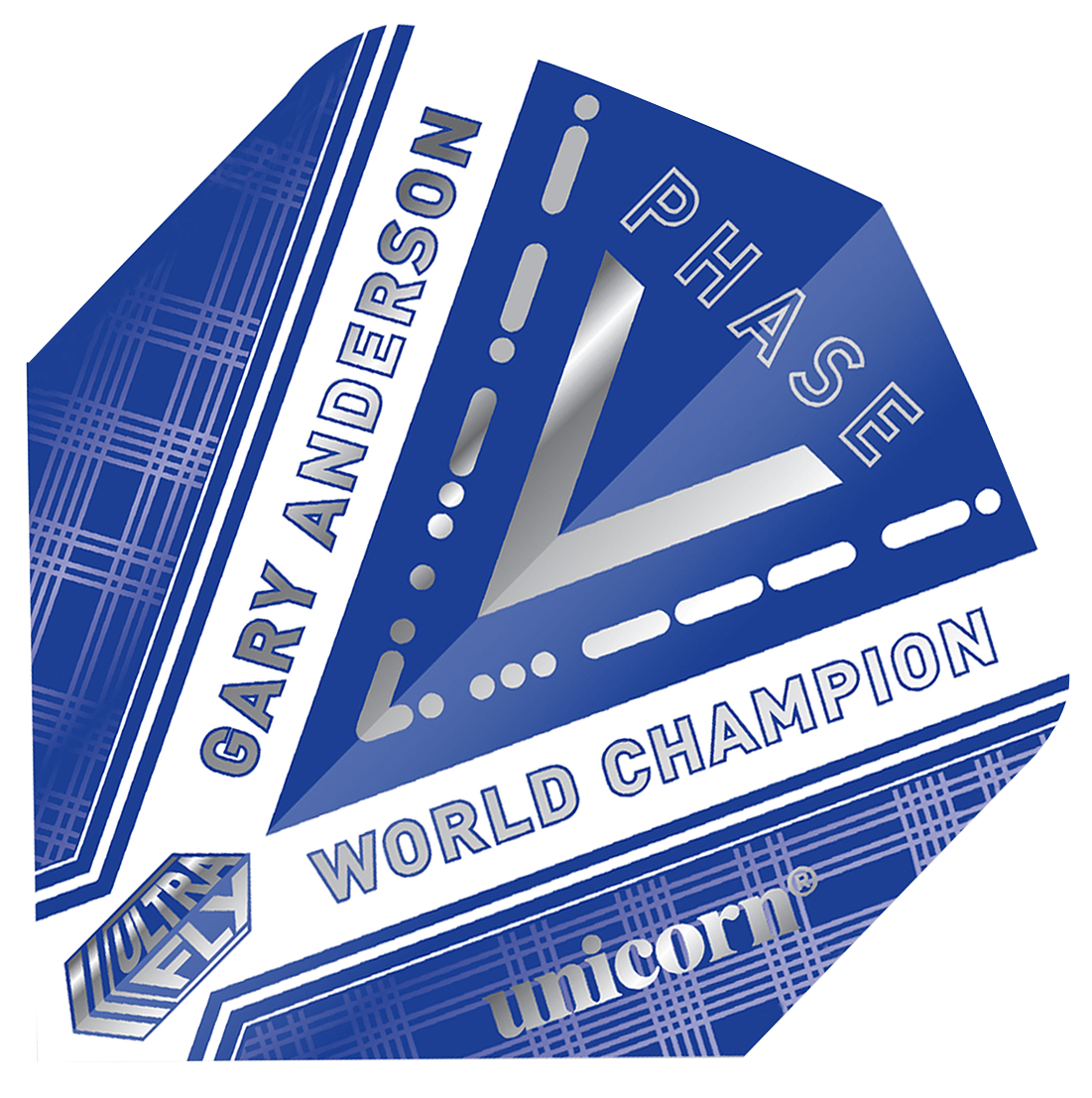 69450_p1 Dieses Bild zeigt ein blau-weißes Dartflight mit dem Namen "Unicorn Ultrafly 100 Bw Gary Anderson WC P5 Flights". Auf dem Flight stehen die Worte "Gary Anderson", "World Champion" und "Phase".