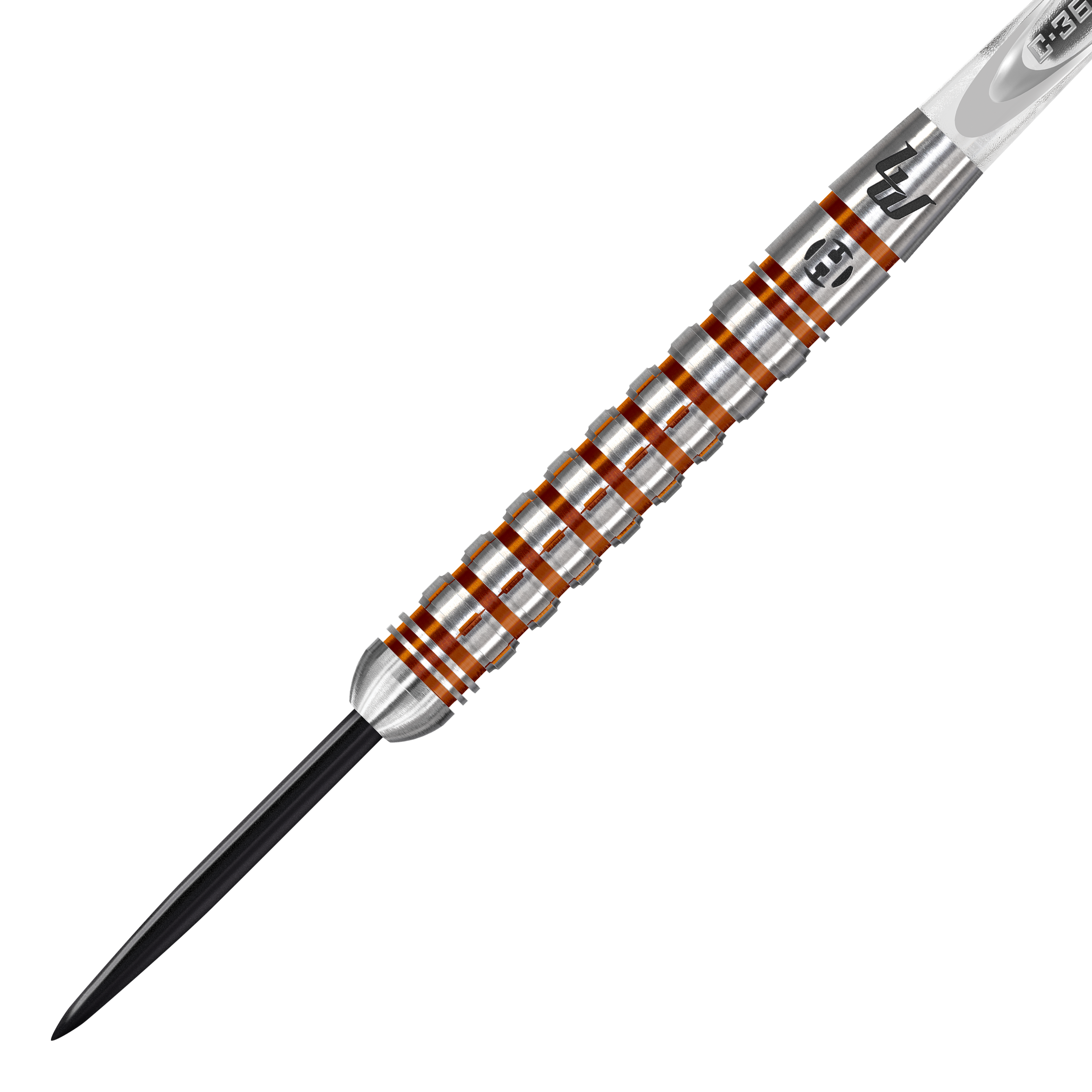 Harrow's Luke Woodhouse Series 2 steel darts Das Bild zeigt einen Harrows Luke Woodhouse Series 2 Steeldart. Der Dartpfeil hat ein silbernes Griffstück mit orangenen Rillen und eine schwarze Spitze.