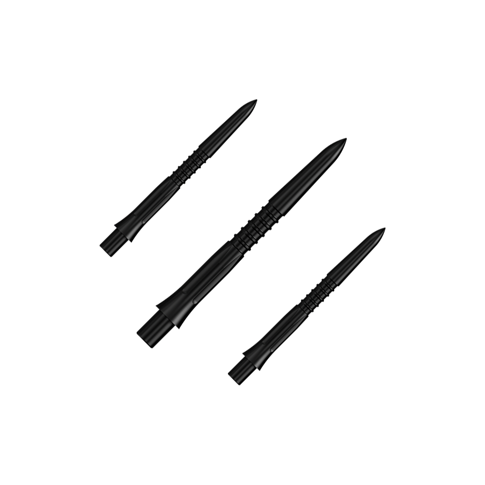 Ein Set von schwarzen Steeldartspitzen mit 26 mm Länge. Auf dem Bild sieht man mehrere Spitzen aus der Misson Caliburn EVO GV1 Reihe.