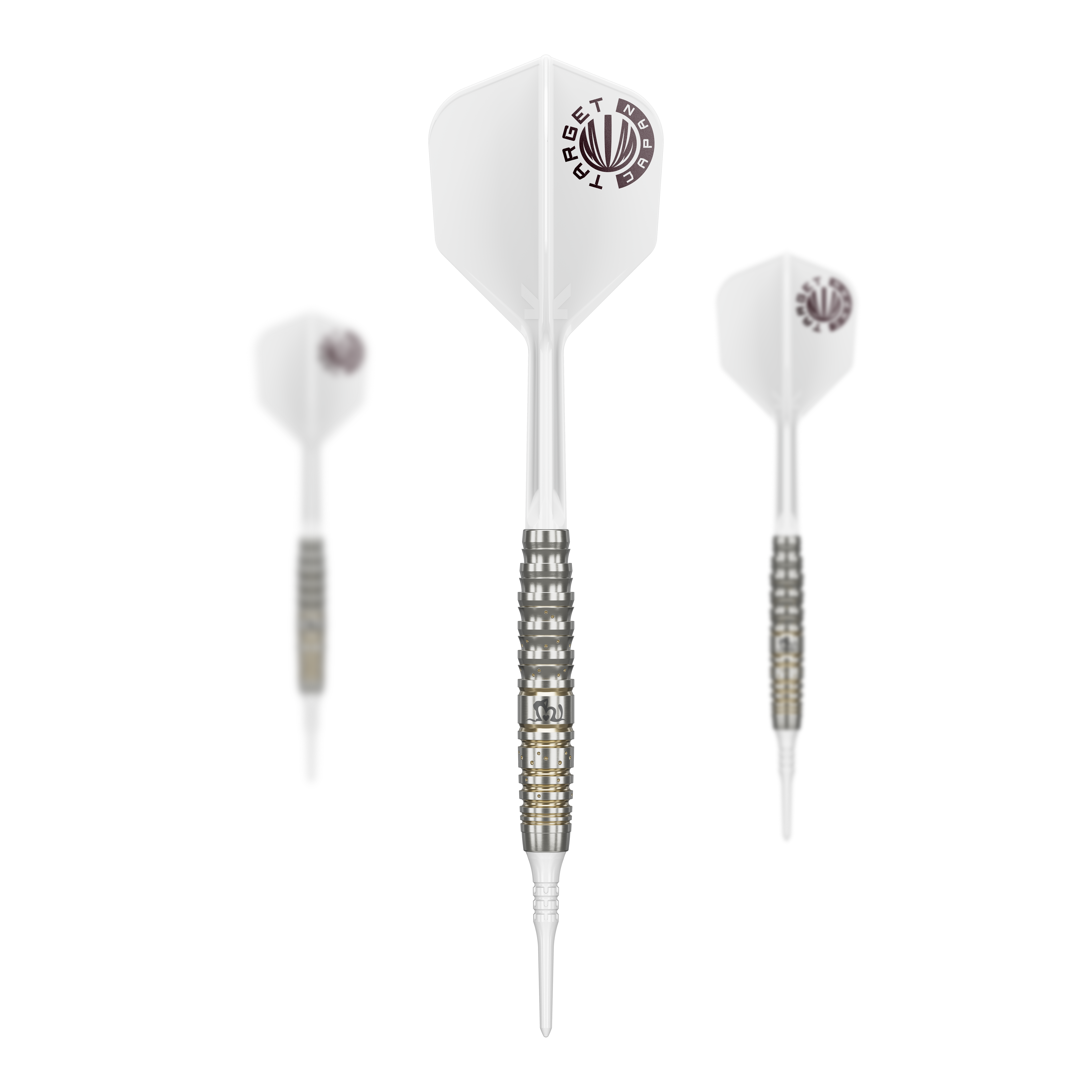 Target Japan Prime Series Mayujo Morita GEN6 Soft Darts - 18g Das Bild zeigt drei Softdarts der Serie „Target Japan Prime Series Mayujo Morita GEN6“ mit einem Gewicht von 18g. Die Darts haben weiße Flights und einen silber-schwarzen Barrel mit goldenen Akzenten.