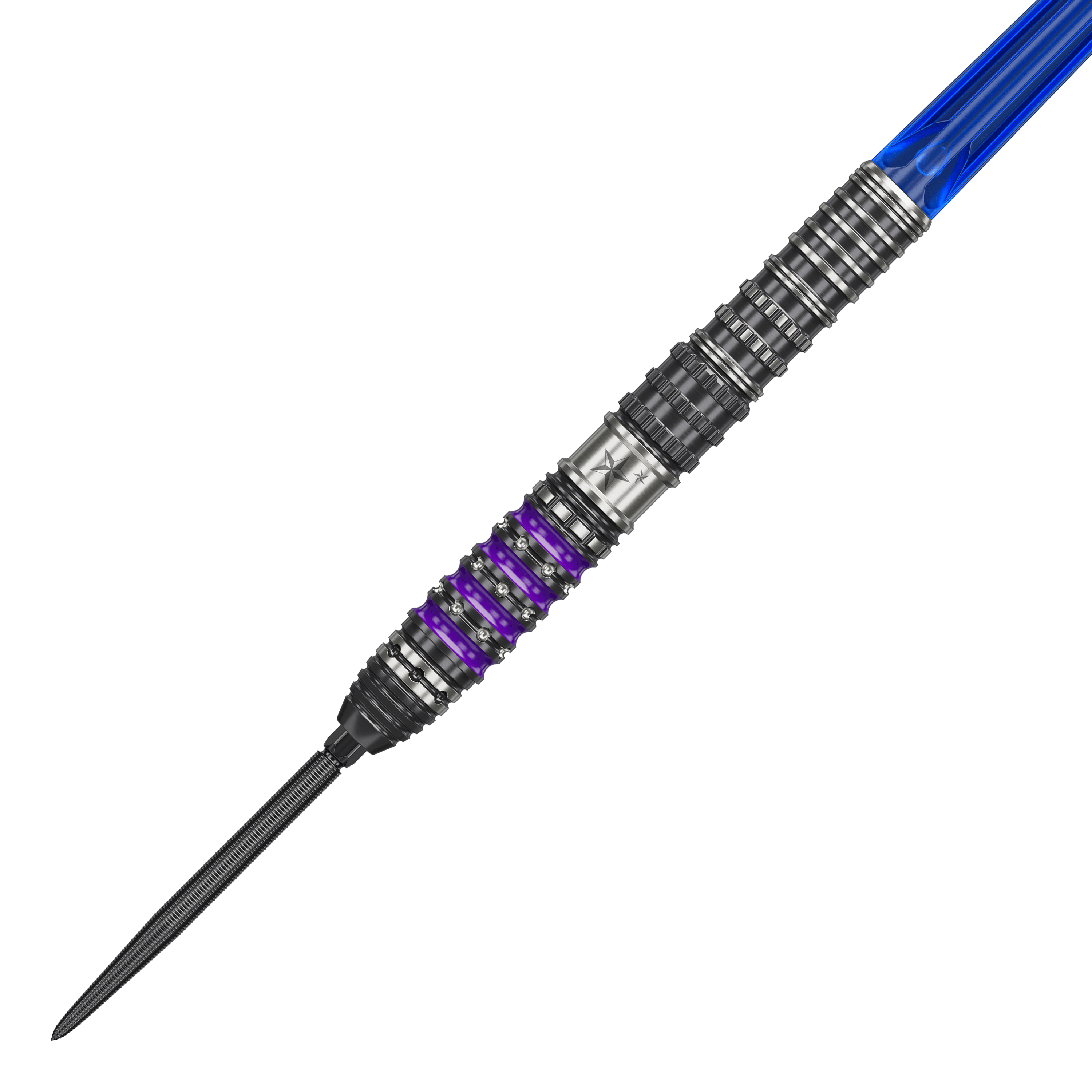 Das Bild zeigt einen Target Japan Prime Series Sirius GEN4 Swiss Point Steeldart. Der Dart hat einen silbernen und schwarzen Schaft mit lila Akzenten und einer blauen Flight.