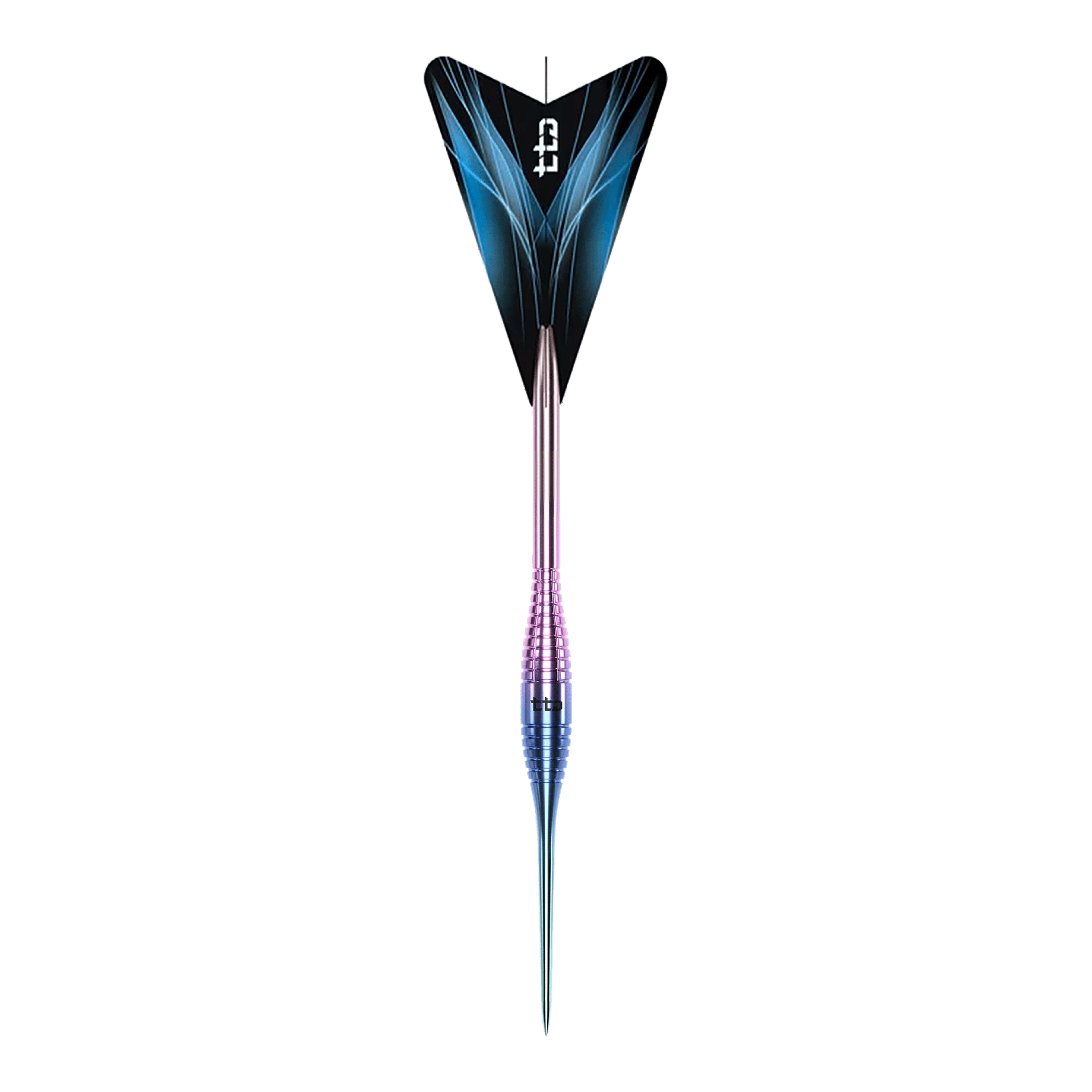 Das Bild zeigt die Caliburn TTD Complete Titanium T2 Rainbow Steeldarts mit einem Gewicht von 6g. Die Steeldarts haben ein auffälliges, regenbogenfarbenes Design.