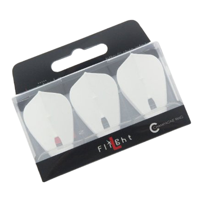 L-Style Champagne L4PRO Kite Flights Das Bild zeigt eine Packung mit drei weißen Dartflights in Kite-Form. Die Verpackung hat ein schwarzes Etikett mit der Aufschrift "Flight".