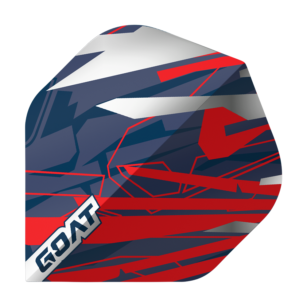 Das Bild zeigt das Produkt "GOAT Homerun No2 Standard Flights". Es hat ein auffälliges Design in den Farben Blau, Rot, Weiß und Silber mit geometrischen Mustern und dem Schriftzug "GOAT" in einer Ecke.