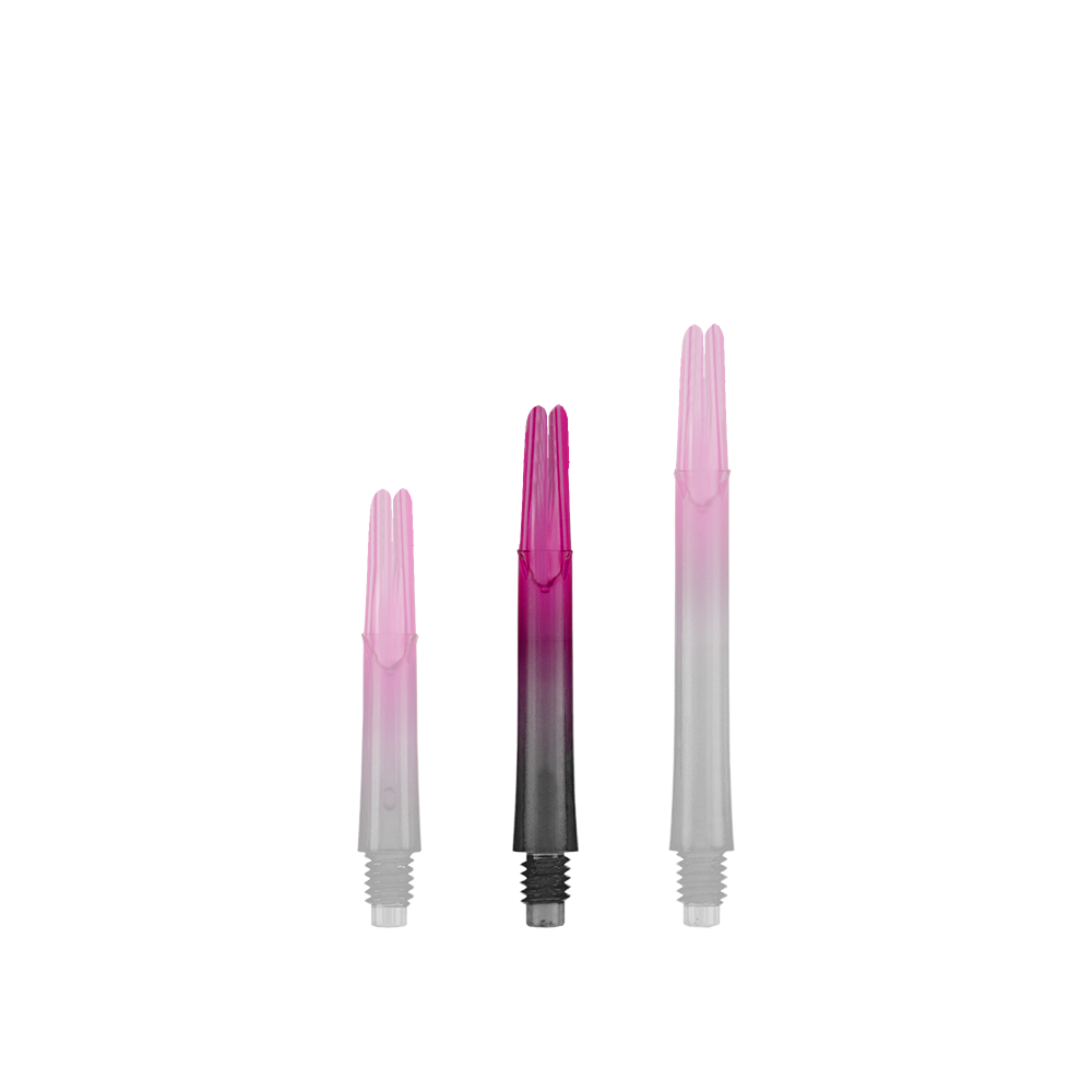 L-L-Style-Shaft Locked Straight Natural9 TwoTone Shafts - Pink Auf dem Bild sind drei unterschiedlich lange, zweifarbige Dartschäfte zu sehen. Sie sind unten schwarz und gehen nach oben in ein kräftiges Pink über.