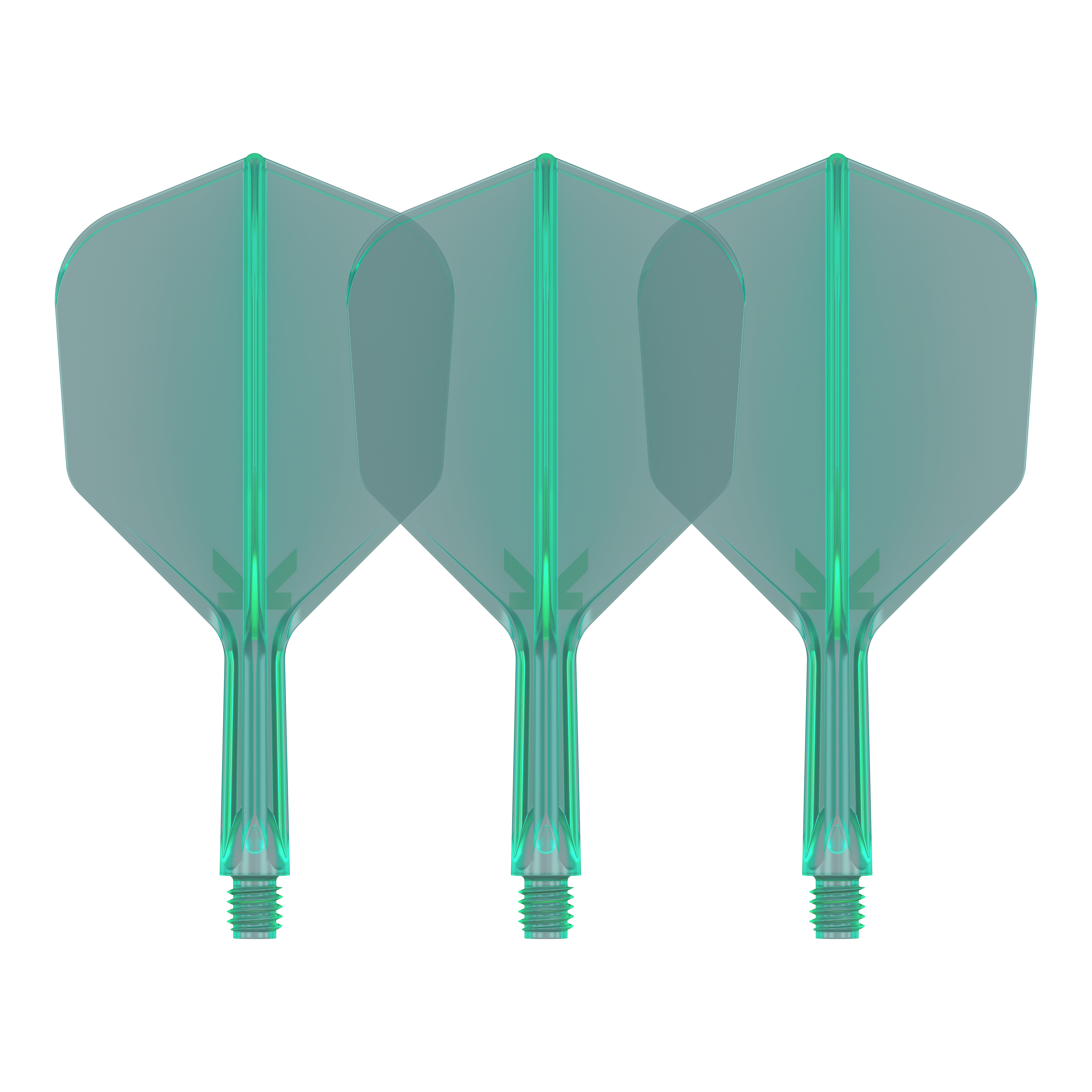 Auf dem Bild sind drei grüne Dartflights mit integriertem Schaft zu sehen. Sie stehen nebeneinander und haben eine transparente Optik.