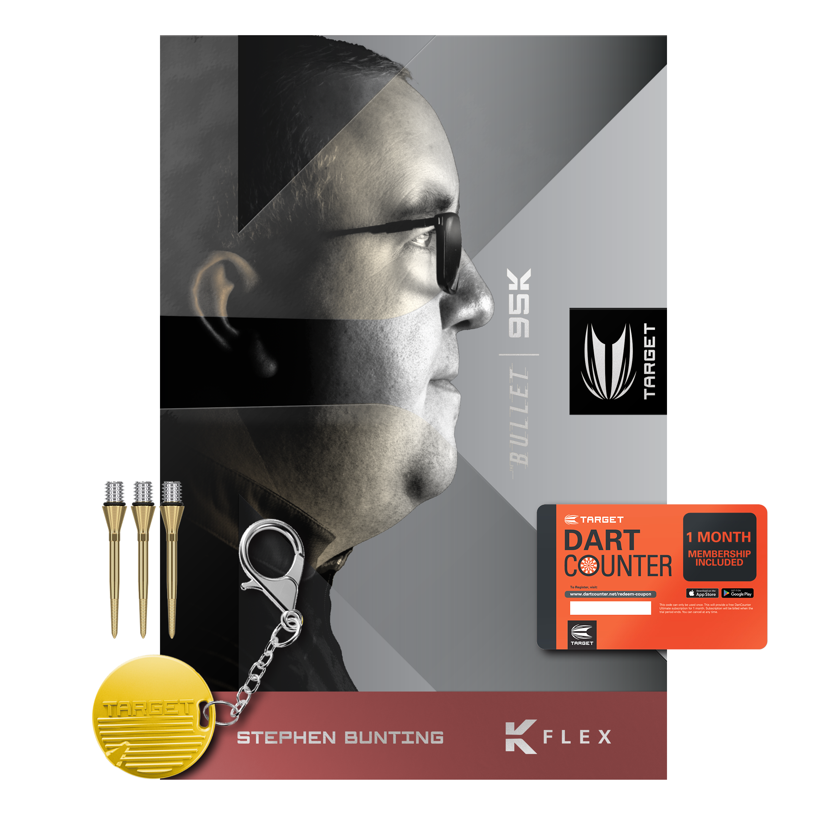 Das Bild zeigt das Produkt "Target Stephen Bunting 95K Softdarts - 19g" mit Zubehör wie Dartspitzen, Schlüsselanhänger und einer Dart Counter Karte. Im Hintergrund ist ein Porträt von Stephen Bunting zu sehen.