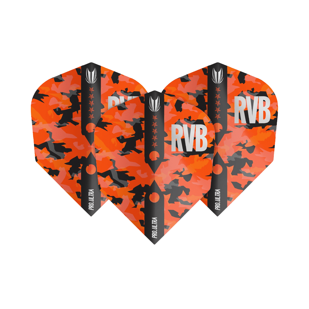 TG66_334410_Target_ProUltra_Barney_Army_Camo_Ten-X_Flights_1fammu0v4GVw5M Die Abbildung zeigt die Target ProUltra Barney Army Camo Ten-X Flights mit einem auffälligen orange-schwarzen Camouflage-Muster. Auf den Flights steht groß "RVB" und seitlich ist "PRO ULTRA" zu lesen.