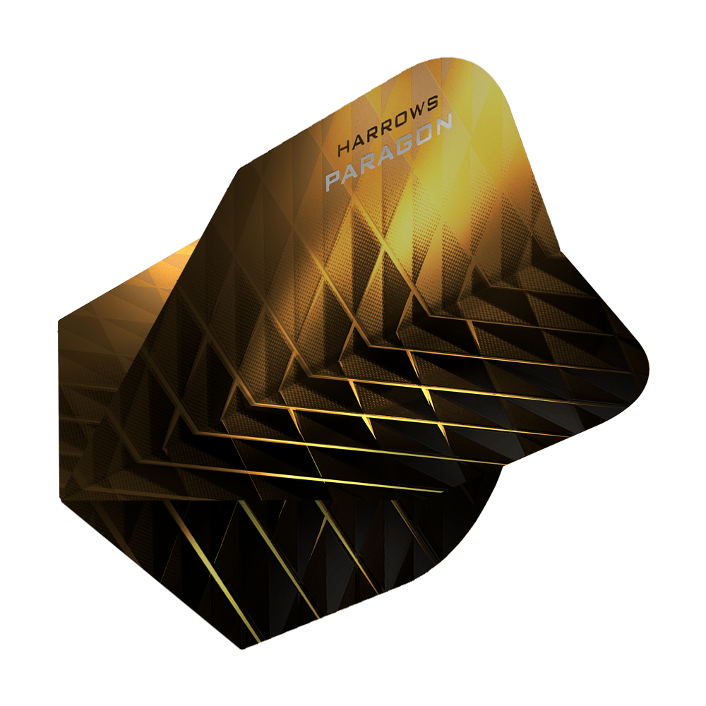 HR7605_Harrows_Paragon_Gold_No2_Standard_Flights_2 Das Bild zeigt das Produkt "Harrows Paragon Gold No2 Standard Flights". Das Flight hat ein geometrisches, gold-schwarzes Design mit dem Markennamen aufgedruckt.