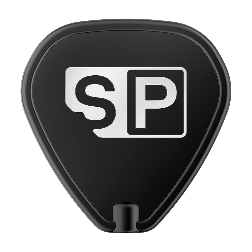 340000-Target-Swiss-Point-Tool-1 Das Bild zeigt das Produkt "Target Swiss Point Tool" in schwarzer Farbe mit einem weißen "SP"-Logo darauf. Das Tool hat eine dreieckige Form mit abgerundeten Kanten.