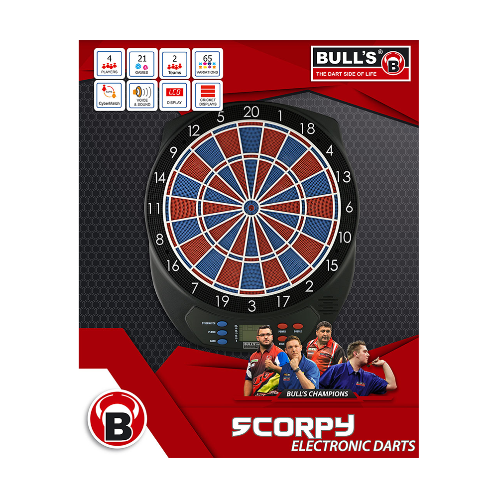 67963_Bulls_Scorpy_Elektronik_Dartboard_2 Das Bild zeigt das Produkt "Bulls Scorpy Elektronik Dartboard" in seiner Verpackung. Auf der Verpackung sind das Dartboard, verschiedene Funktionen und vier Dartspieler abgebildet.