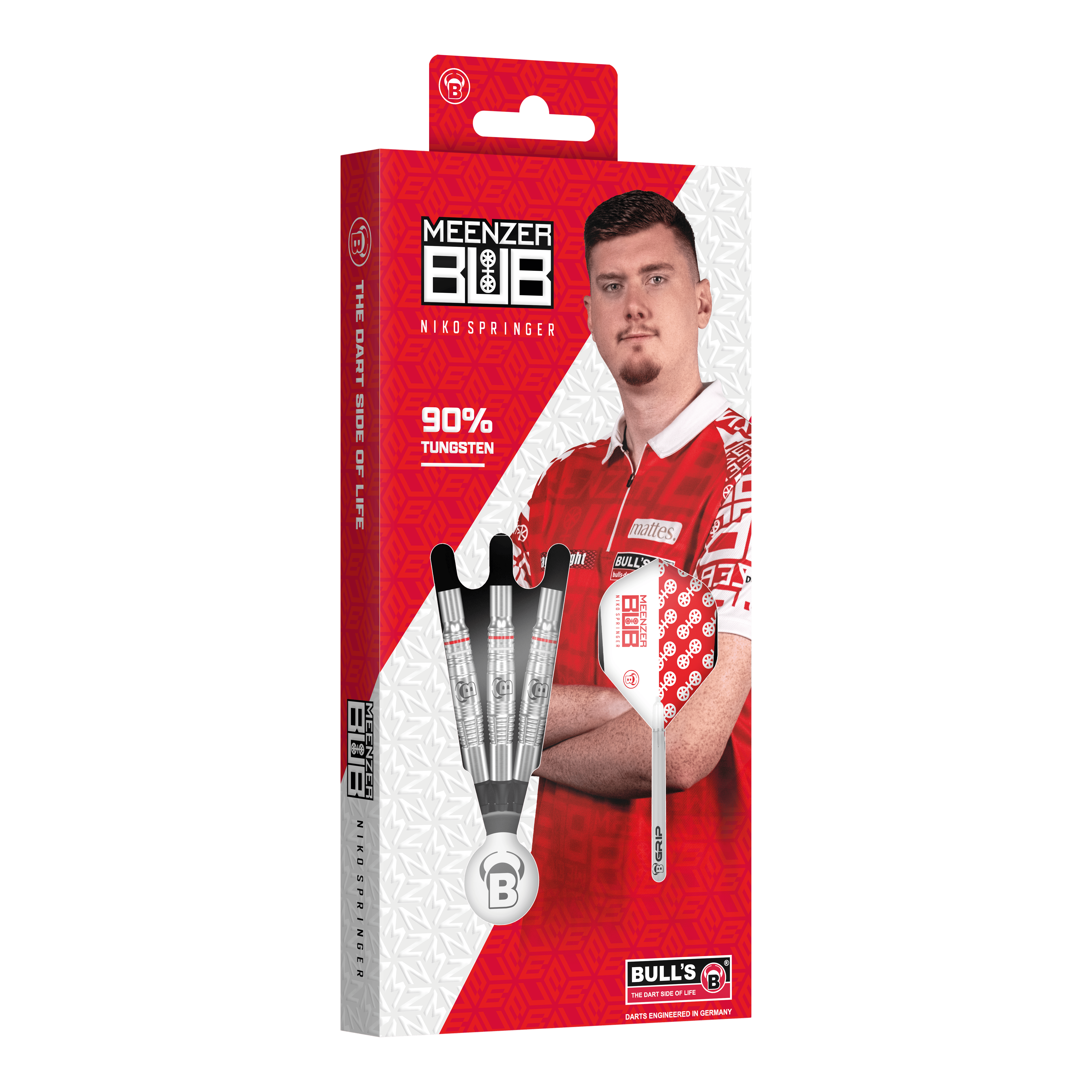 Bulls Niko Springer soft darts - 22g Auf dem Bild ist die Verpackung der "Bulls Niko Springer Softdarts - 22g" zu sehen. Die Packung zeigt drei Dartpfeile und ein Portrait von Niko Springer.