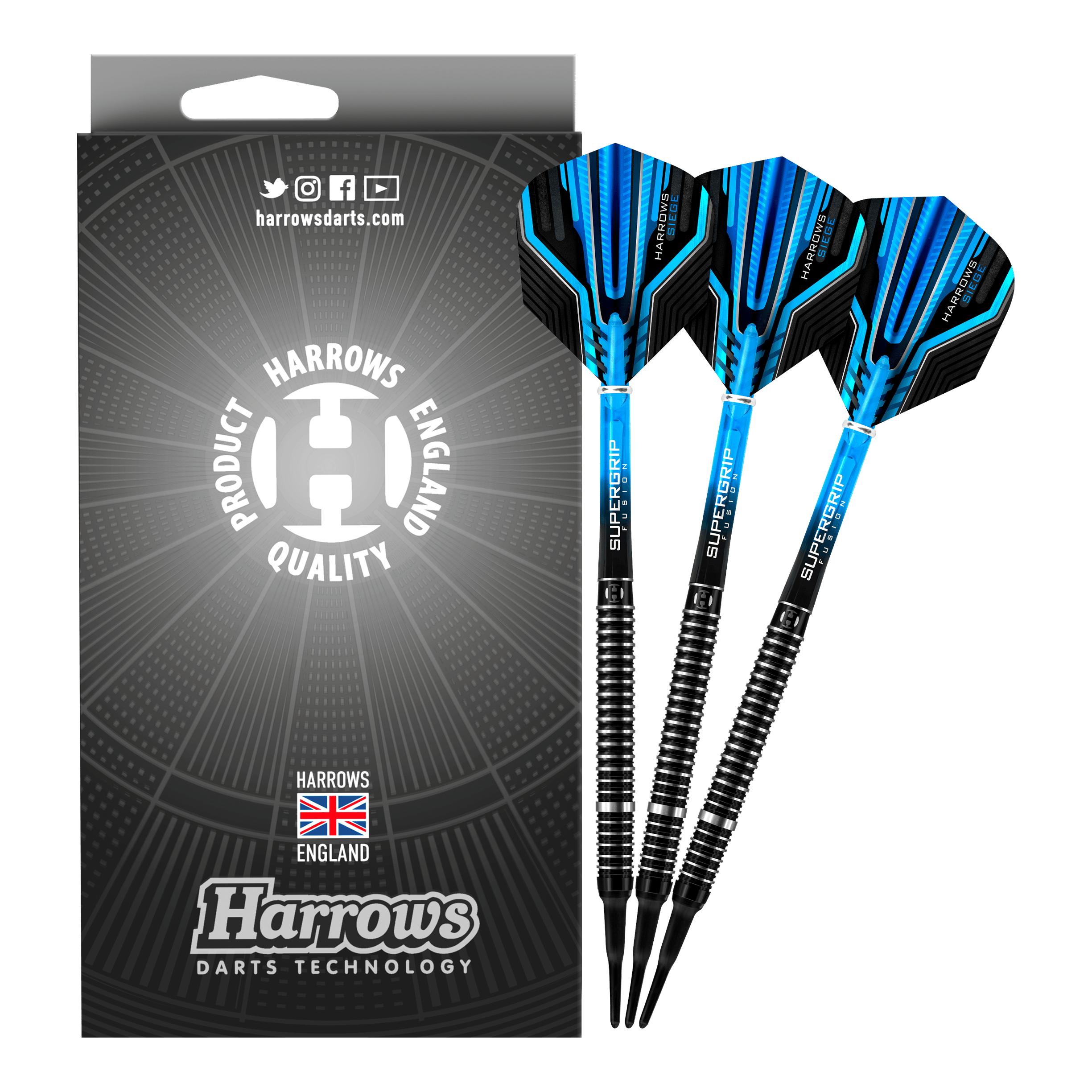 Das Bild zeigt eine Packung Harrows Siege Softdarts mit drei blauen und schwarzen Darts. Auf der Verpackung steht "Harrows Darts Technology" und ein Qualitätssiegel aus England.