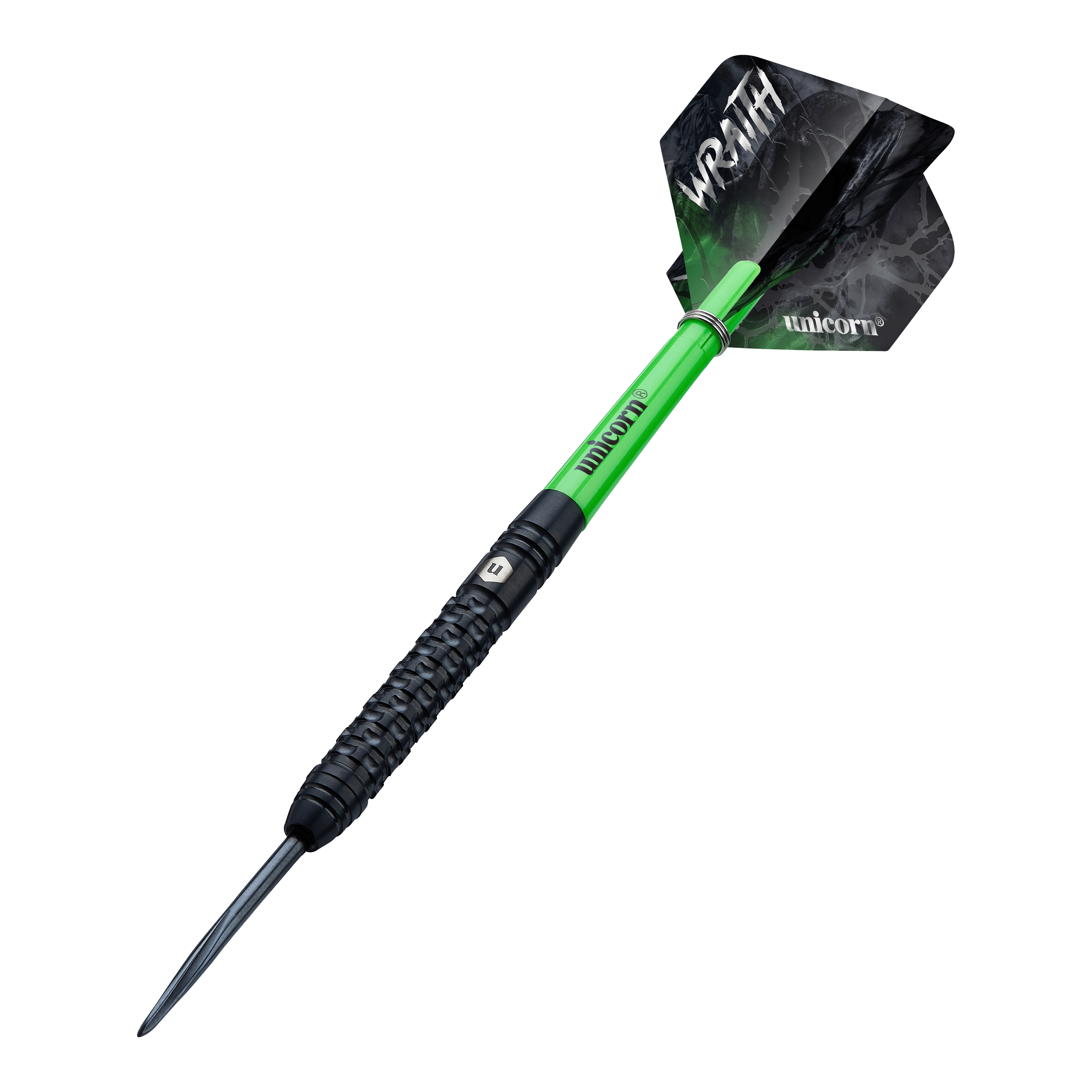 Unicorn Wraith steel darts Das Bild zeigt einen Unicorn Wraith Steeldart mit einem schwarzen und grünen Design. Auf den Flights stehen die Wörter "WRAITH" und "unicorn".