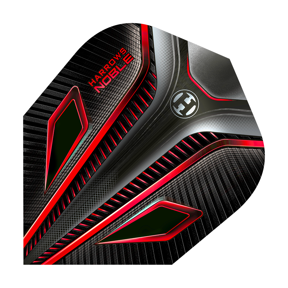 HR6_Harrows_Noble_Red_Standard_Flights_1BKI0BGZ6l3oYH Dies ist ein Harrows Noble Red Standard Flight für Darts. Das Design ist schwarz mit auffälligen roten und silbernen Akzenten.