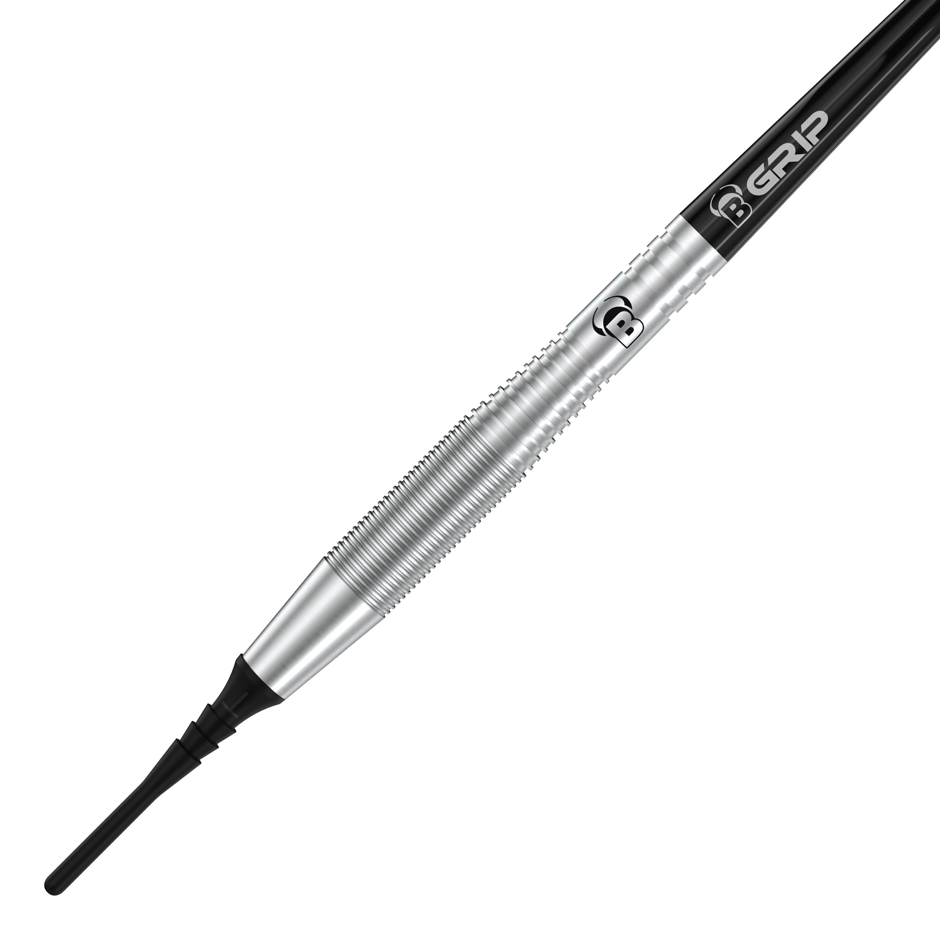 Auf dem Bild ist ein Bulls Martin Schindler TW80 Softdart mit einem Gewicht von 18g zu sehen. Der Dart hat ein silbernes, geriffeltes Griffstück und eine schwarze Spitze.