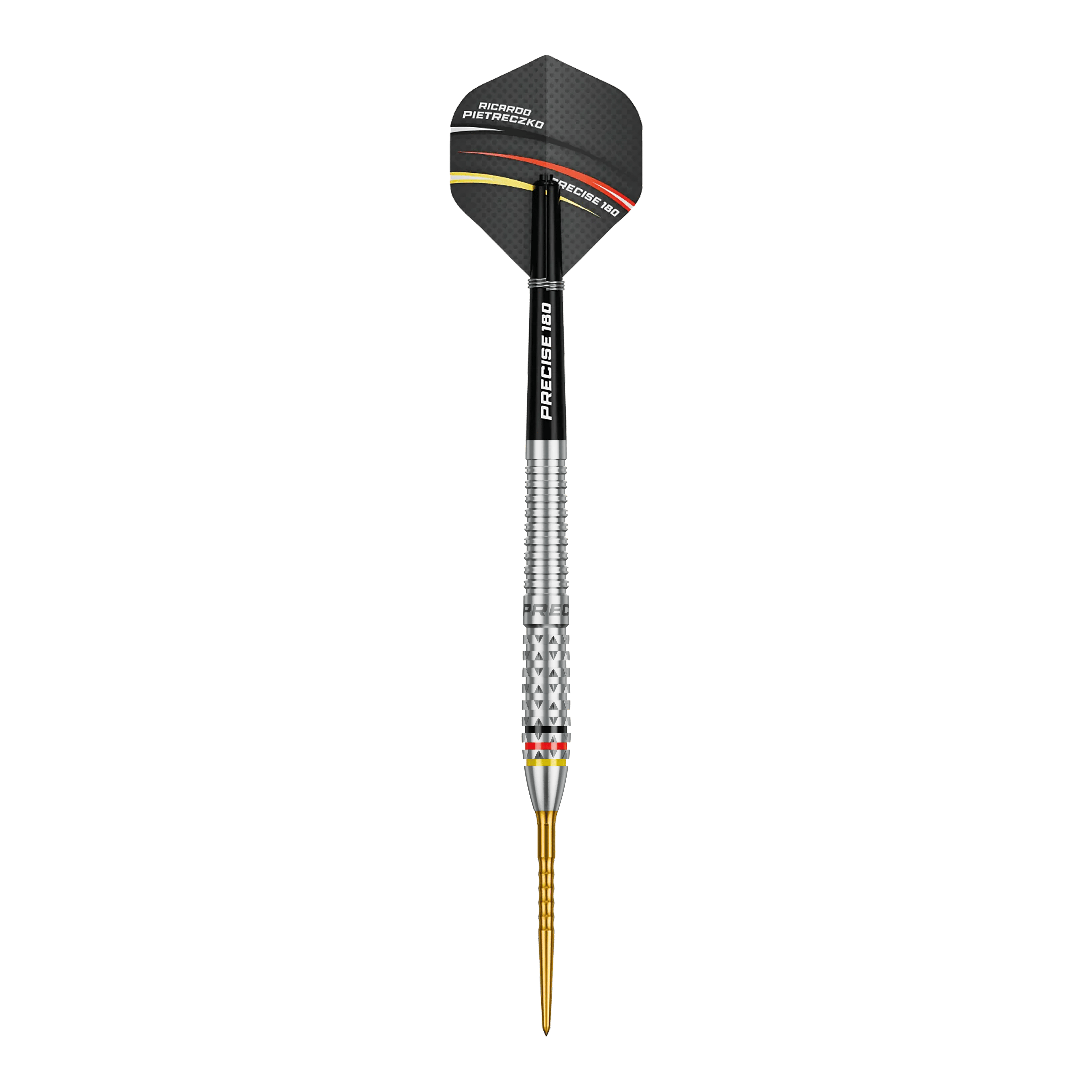 Hier ist ein Precise 180 Ricardo Pietreczko GEN1 Steeldart abgebildet. Der Dartpfeil ist für das Steeldartspiel konzipiert.