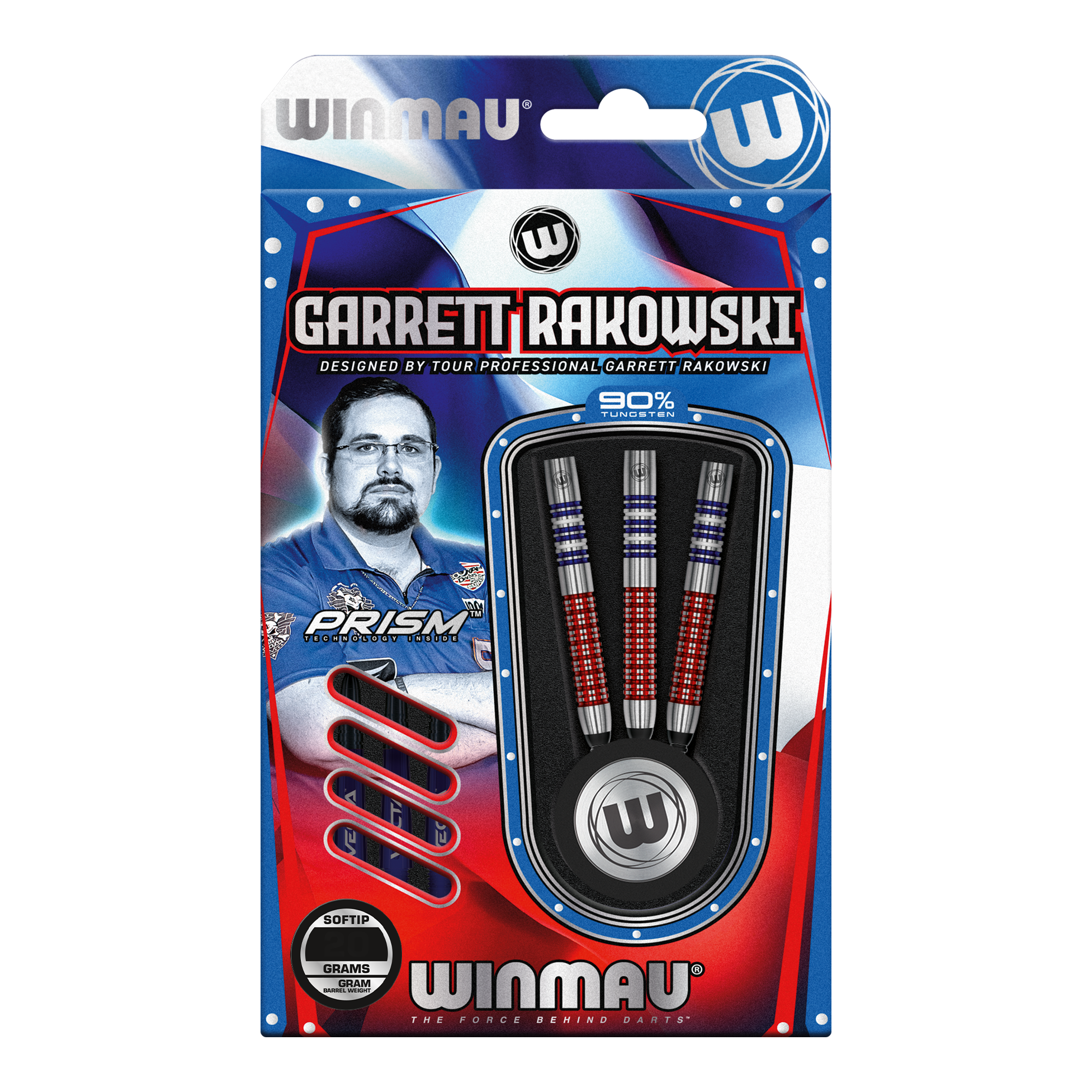 Winmau Garrett Rakowski soft darts - 20g Auf dem Bild ist eine Verpackung der "Winmau Garrett Rakowski Softdarts - 20g" zu sehen. Die Verpackung zeigt die Darts sowie ein Bild von Garrett Rakowski und ist in Blau, Rot und Weiß gestaltet.