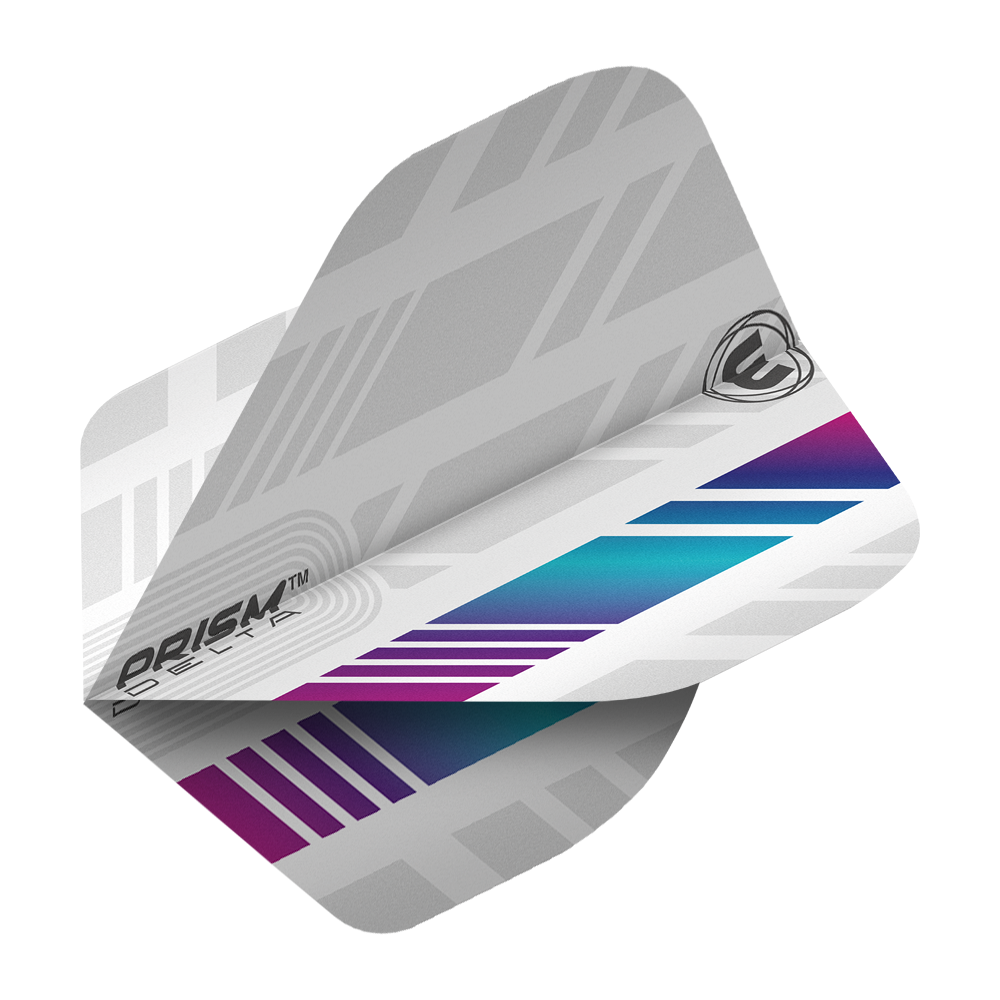 6915-213_Winmau_Prism_Delta_6915-213_Standard_Flights_2 Das Bild zeigt ein Winmau Prism Delta 6915.213 Standard Flight für Darts. Das Flight hat ein modernes Design mit grauen, lila und blauen Mustern.