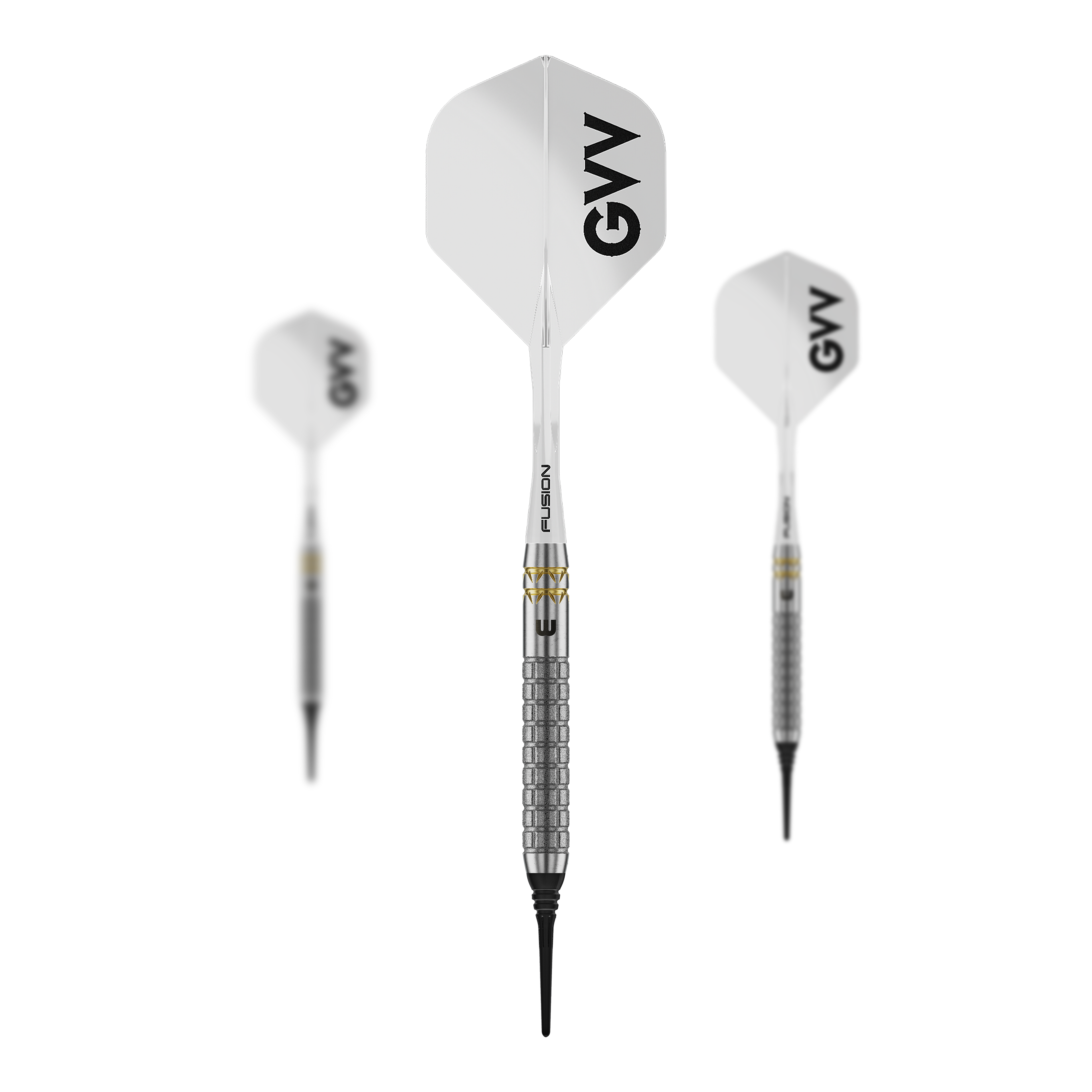 Winmau Gian Van Veen W-MAX soft darts - 18g Auf dem Bild ist ein Set Winmau Gian Van Veen W-MAX Softdarts - 18g zu sehen. Drei Darts und das Zubehör sind abgebildet.