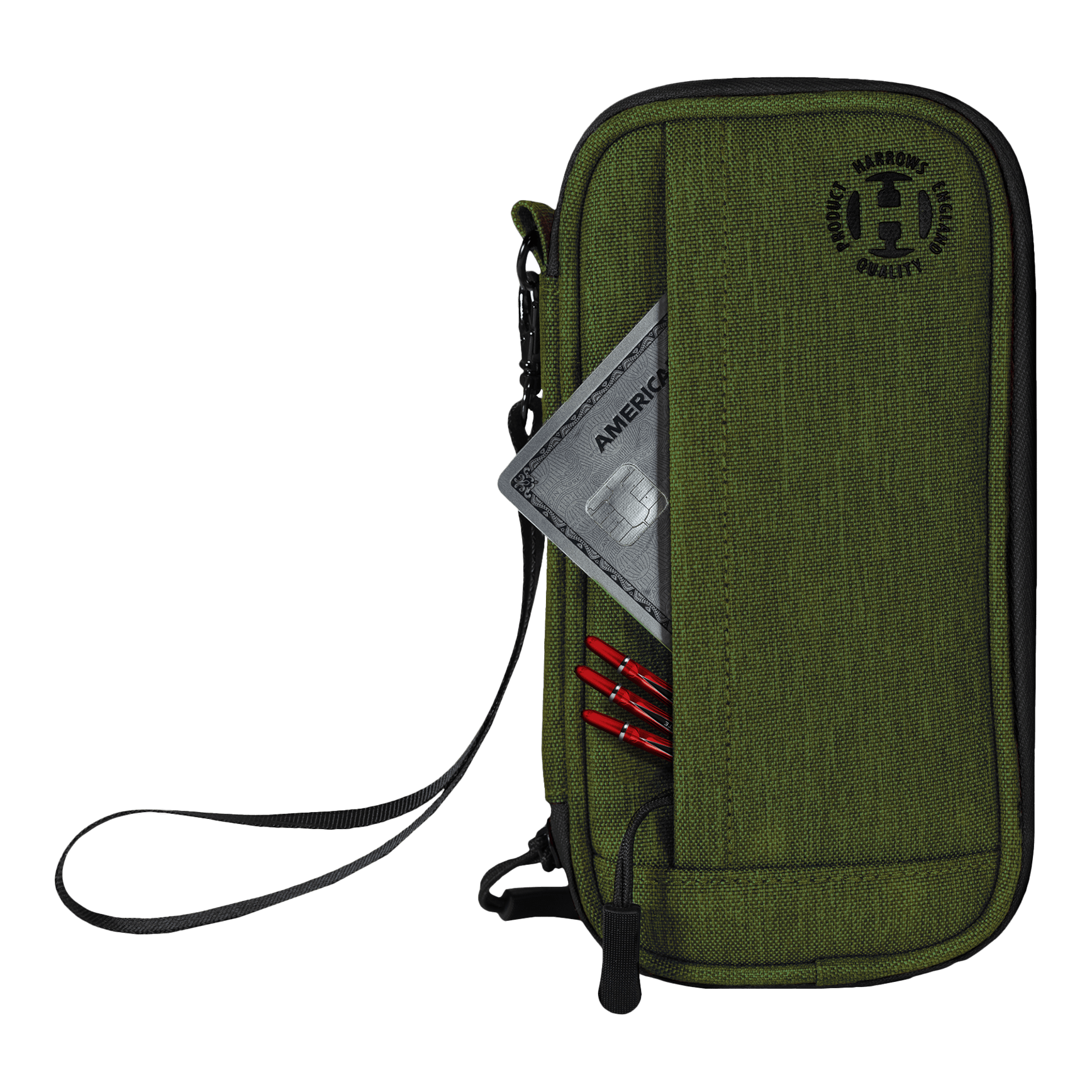 Auf dem Bild ist ein grünes Dart-Etui mit einer Handschlaufe zu sehen. In einer Außentasche stecken eine Kreditkarte und mehrere rote Dartspitzen.