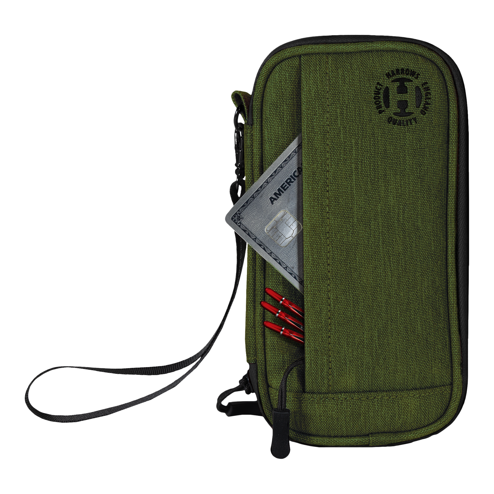 Harrows Smart Case Dartwallet Auf dem Bild ist ein grünes Dart-Etui mit einer Handschlaufe zu sehen. In einer Außentasche stecken eine Kreditkarte und mehrere rote Dartspitzen.