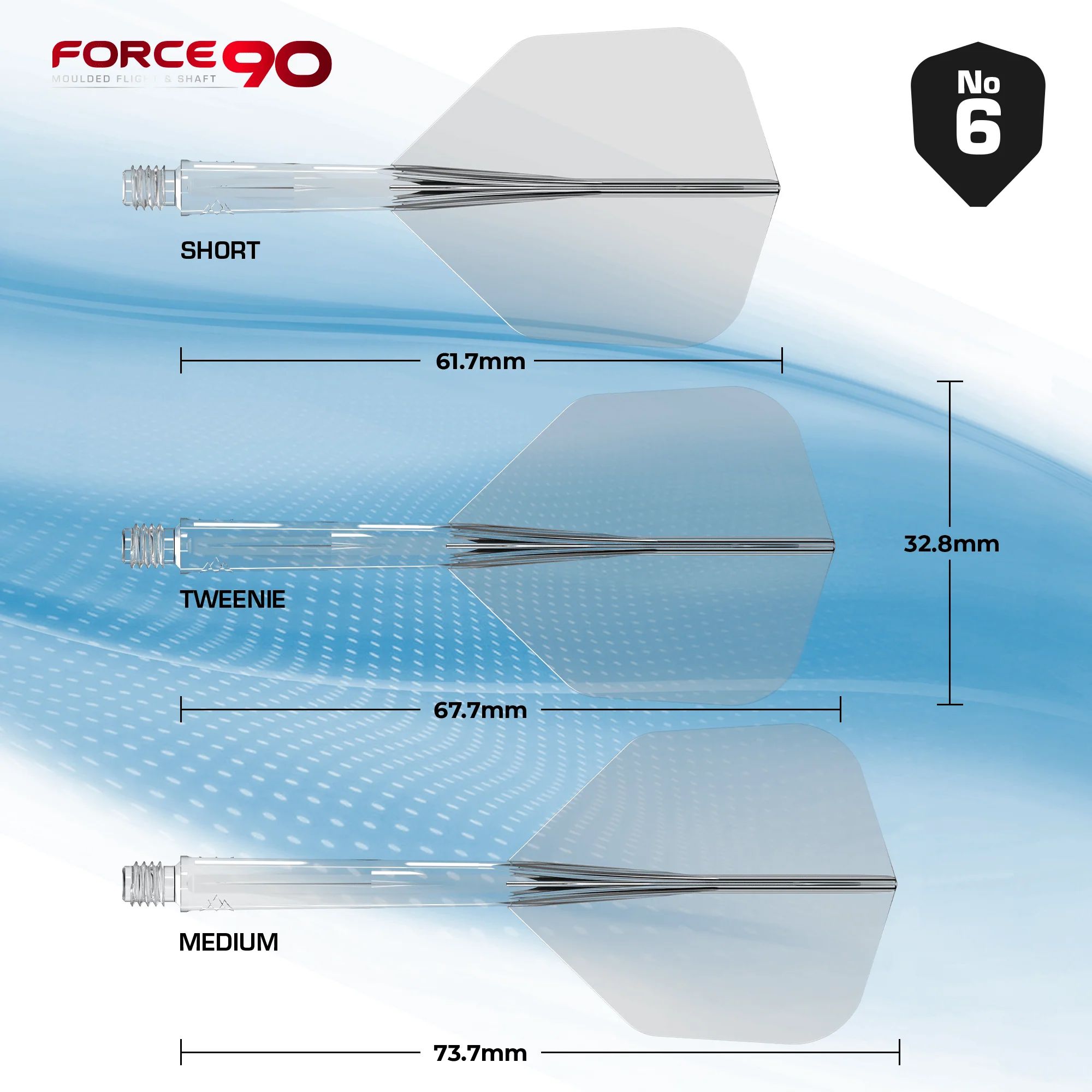 Mission Force 90 No6 Flight Shaft System - Clear Das Bild zeigt das Produkt "Mission Force 90 No6 Flight-Shaft-System - Clear" in drei verschiedenen Längen: Short, Tweenie und Medium. Die jeweiligen Längen sind 61,7 mm, 67,7 mm und 73,7 mm, mit einer Flügelhöhe von 32,8 mm.