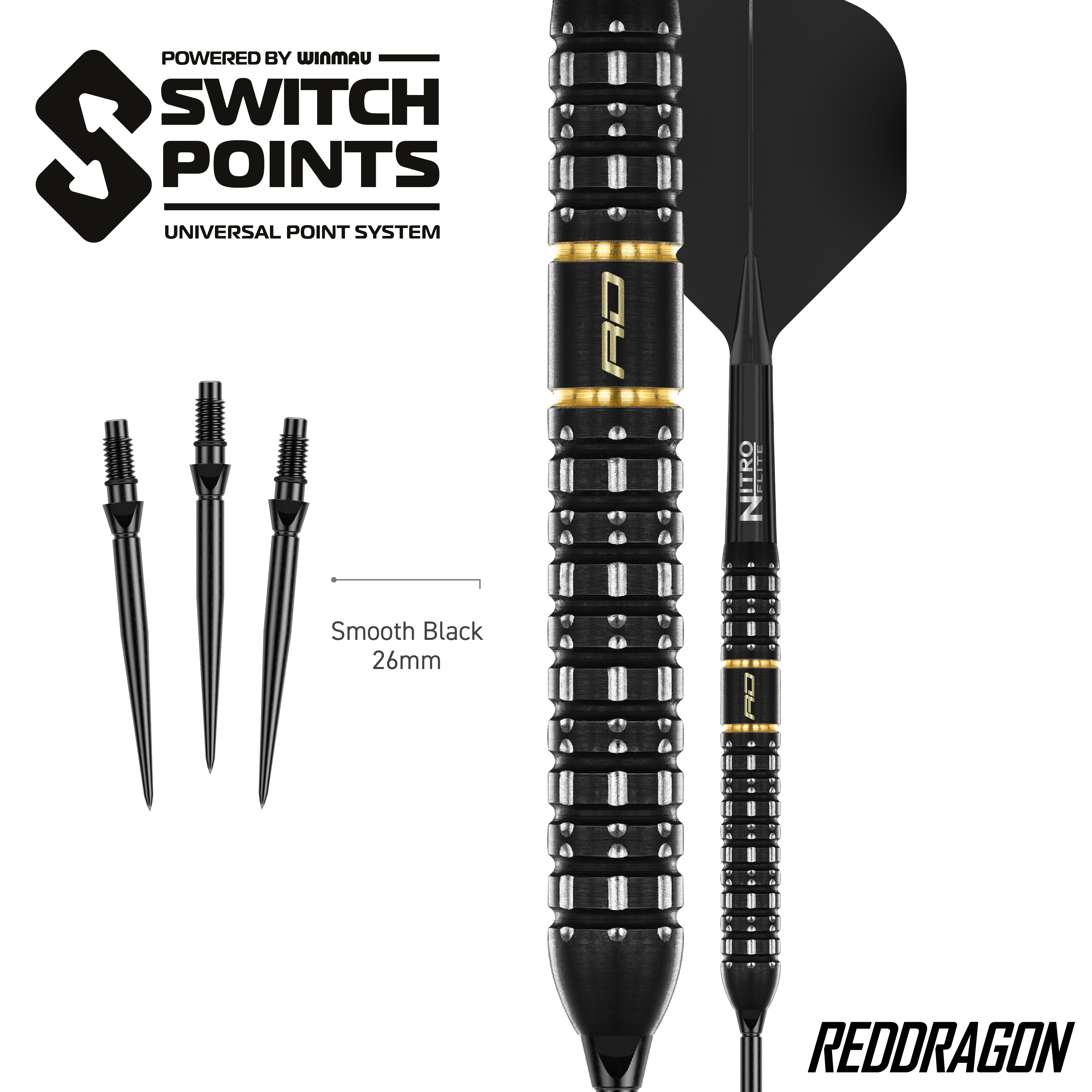 Das Bild zeigt die Red Dragon Ascend Parallel Switch Point Steeldarts. Die Darts sind seitlich abgebildet und zeigen das spezielle Barrel-Design.