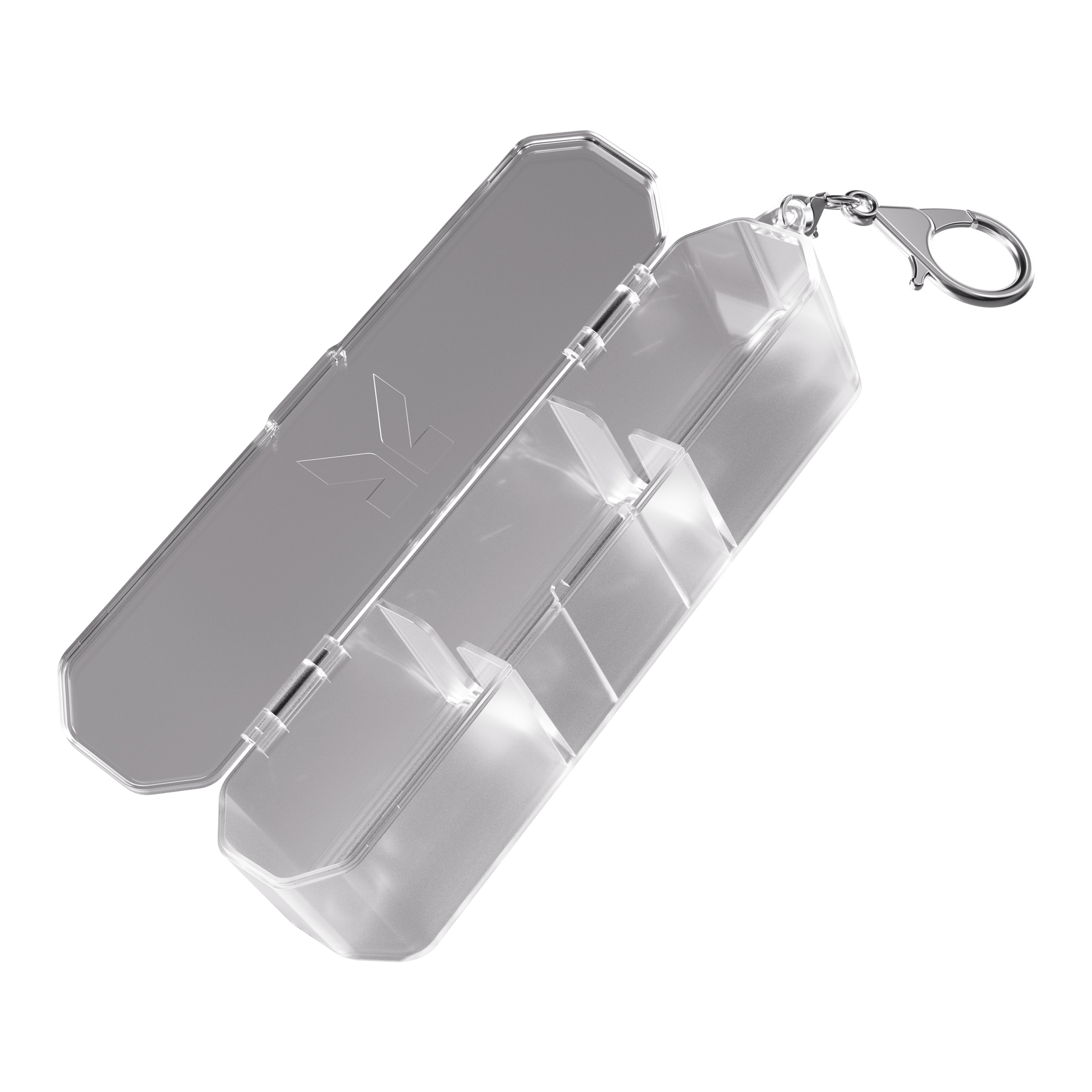 Target K-Flex K-Case Flight Box Die Abbildung zeigt das Produkt "Target K-Flex K-Case Flightbox". Es handelt sich um eine transparente Kunststoffbox mit Fächern und einem Karabinerhaken zur Befestigung.