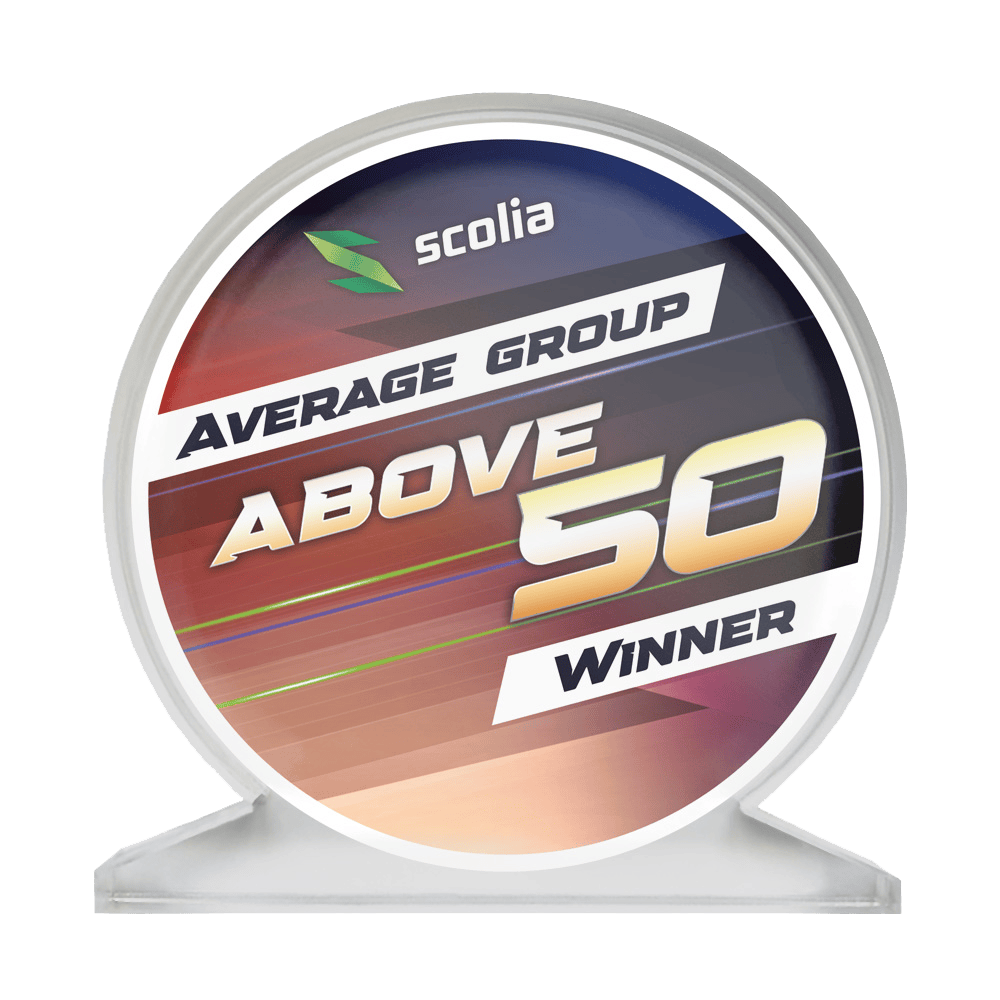 Scolia Acrylic Glass Trophy - Winner Das Bild zeigt einen Acrylglas-Pokal mit der Aufschrift Average Above 50. Es ist eine Auszeichnung für Dartspieler mit einem Durchschnitt über 50.