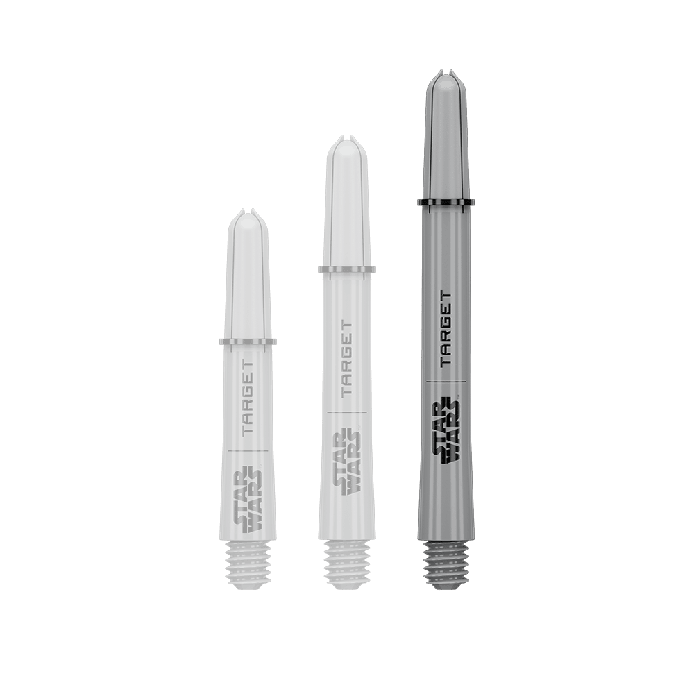 Das Bild zeigt ein Dart-Zubehör mit dem Dateinamen 380432_Target_StarWars_ProGrip_Shafts_Grau_Medium_48mm_1. Es handelt sich wahrscheinlich um einen einzelnen grauen Medium ProGrip Shaft von Star Wars mit 48mm Länge.