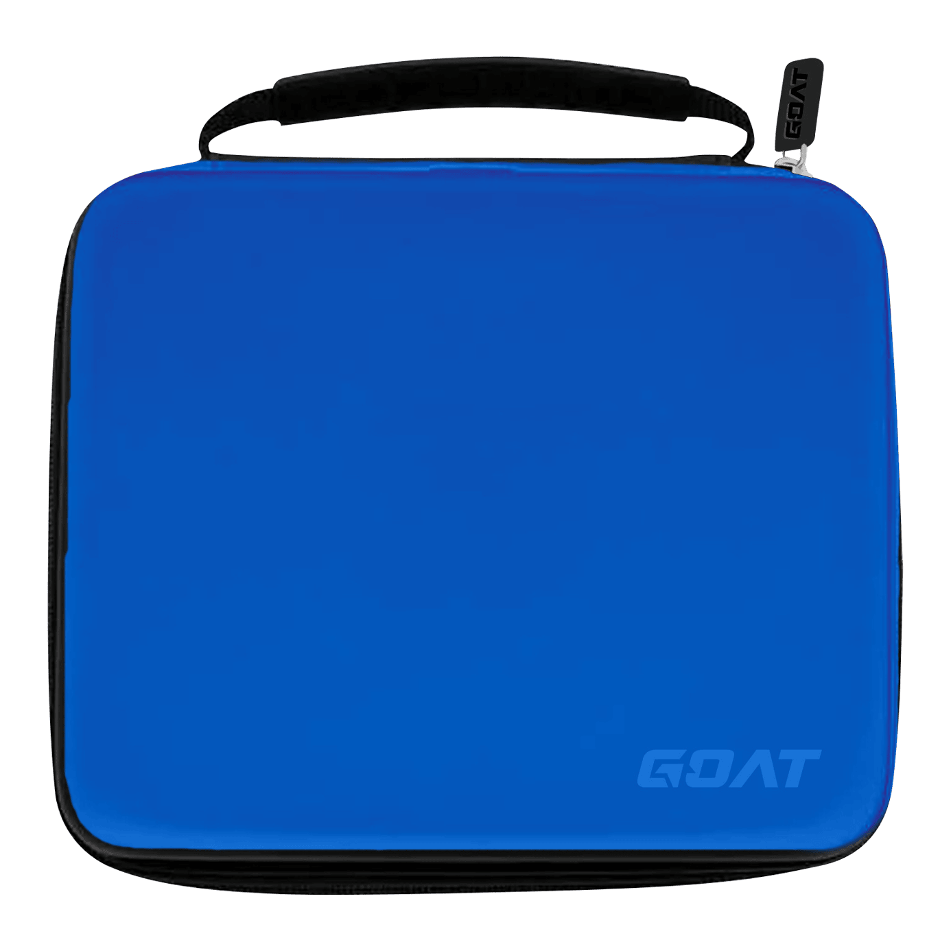 Dies ist ein rechteckiges Dart-Etui in leuchtendem Blau mit schwarzem Reißverschluss und Tragegriff. In der unteren rechten Ecke befindet sich das Logo "GOAT".