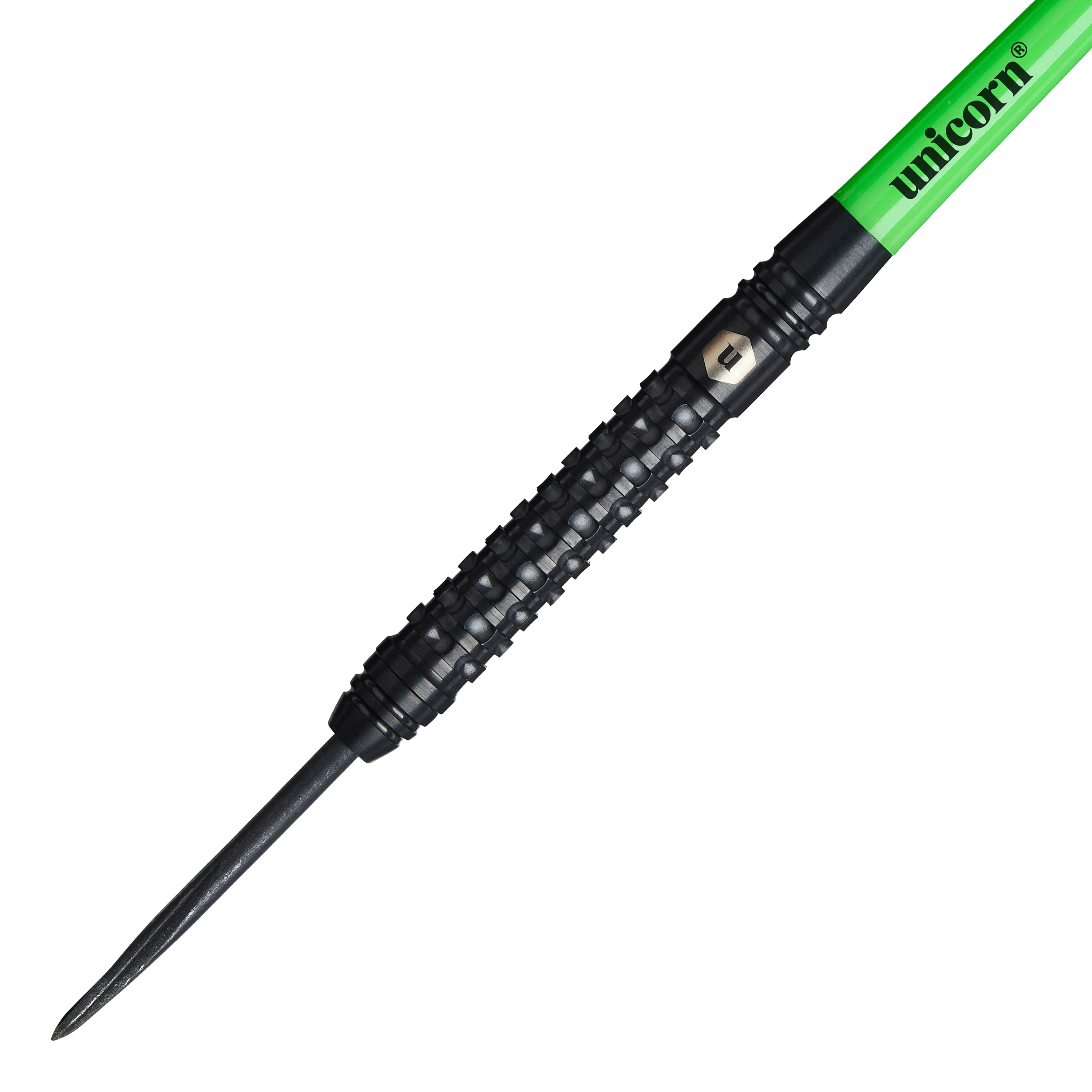 Unicorn Wraith steel darts Das Bild zeigt einen Unicorn Wraith Steeldart mit schwarzem, strukturiertem Griff. Der Schaft ist grün und trägt die Aufschrift "unicorn".