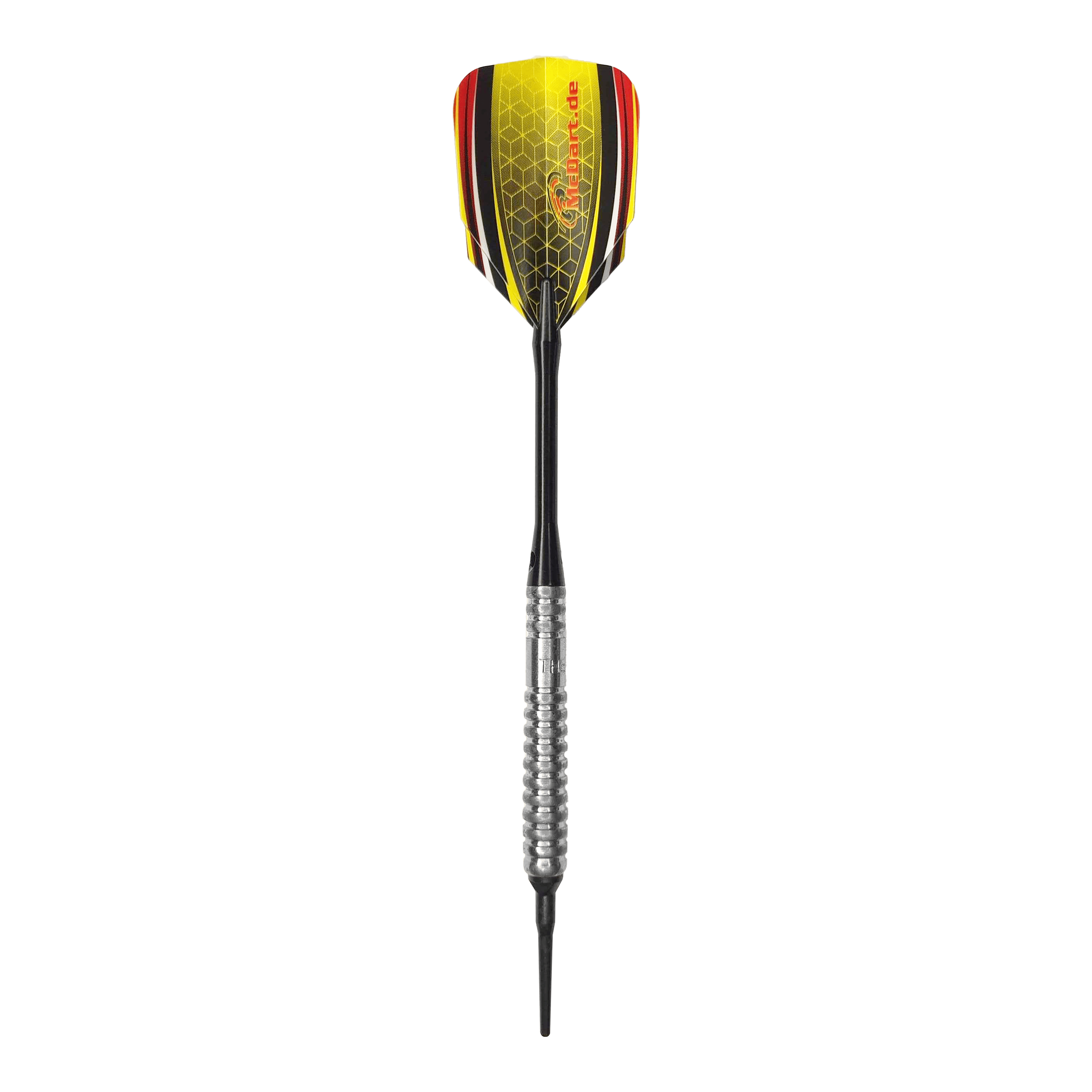 McDart 85 Tungsten V20 Soft Darts - 17g Dies ist ein Softdart namens "McDart 85er Tungsten V20" mit einem Gewicht von 17g. Der Dart hat einen silbernen Griff und gelb-schwarze Flights mit roten Akzenten.