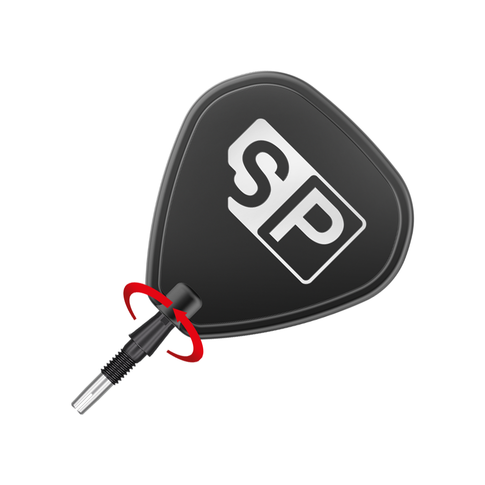 Target Swiss Storm Onyx Point Dart Tips - Black Das Bild zeigt eine schwarze Dartspitze mit der Aufschrift "SP". Ein roter Pfeil zeigt, dass die Spitze gedreht werden kann.