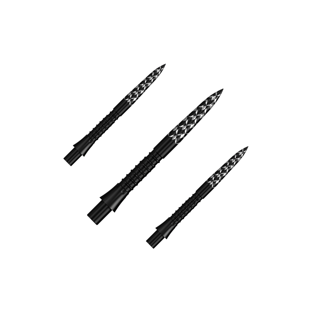 Mission Caliburn EVO dart tips GV logo - Black Das Bild zeigt ein Set schwarzer Steeldartspitzen mit GV-Logo, 26 mm lang. Diese Spitzen sind speziell für Dartpfeile entwickelt worden.