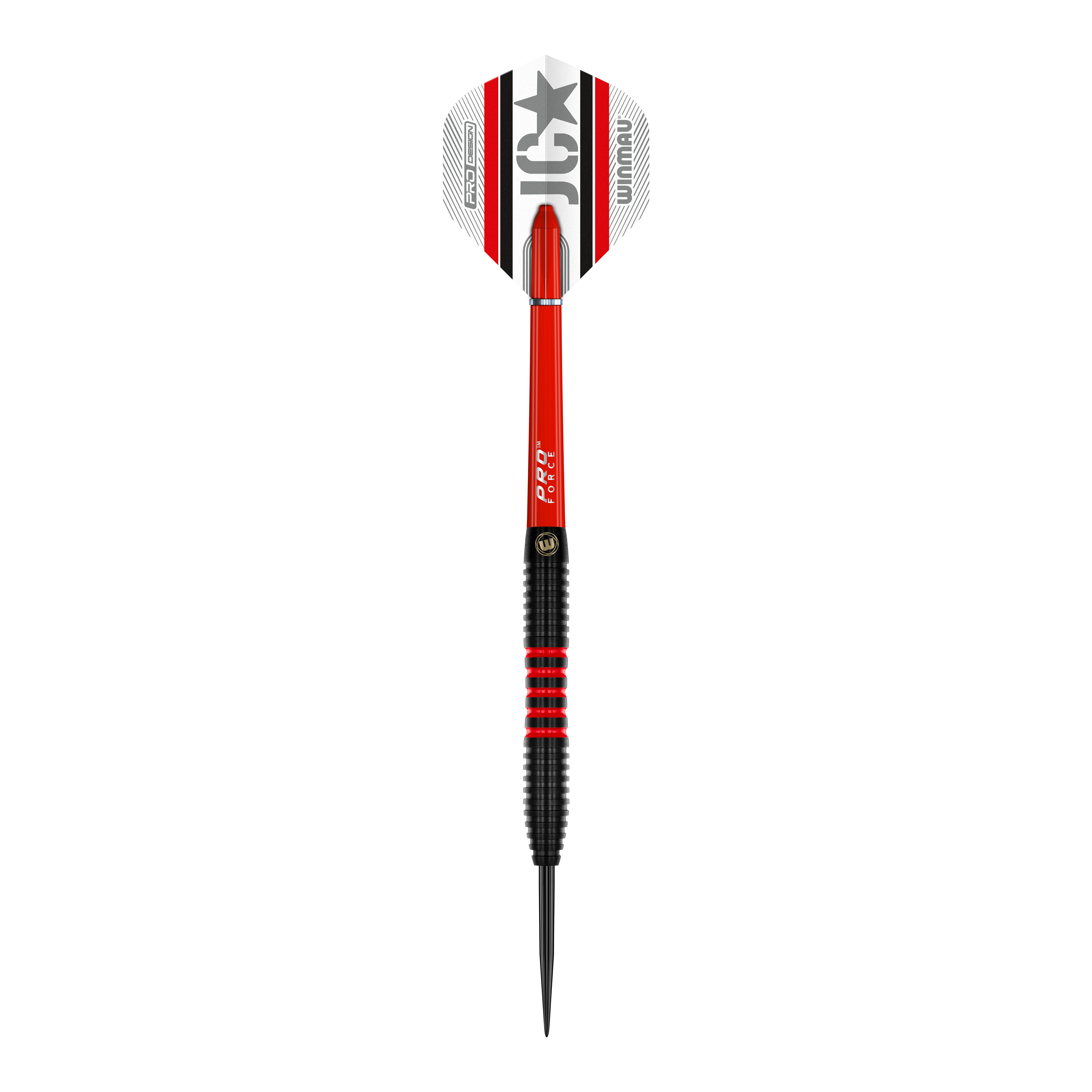 Winmau Joe Cullen 85 Pro-Series steel darts Das Bild zeigt einen Winmau Joe Cullen 85 Pro-Series Steeldart. Der Dart ist überwiegend schwarz und rot mit weißen Elementen und einem auffälligen Flights-Design.