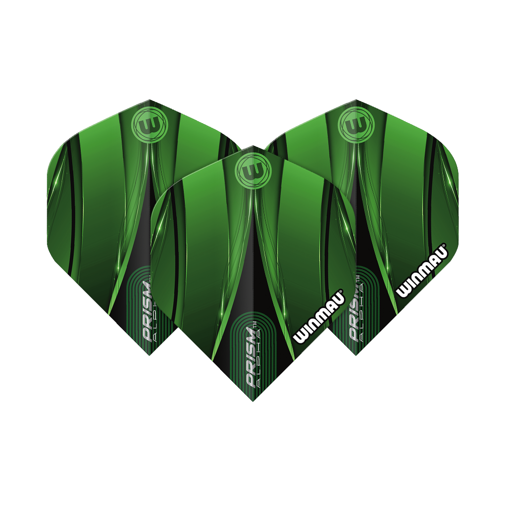 Winmau Alpha Sniper Green Standard Flights Das Bild zeigt ein Set der Winmau Alpha Sniper Green Standard Flights. Mehrere Flights sind nebeneinander angeordnet.