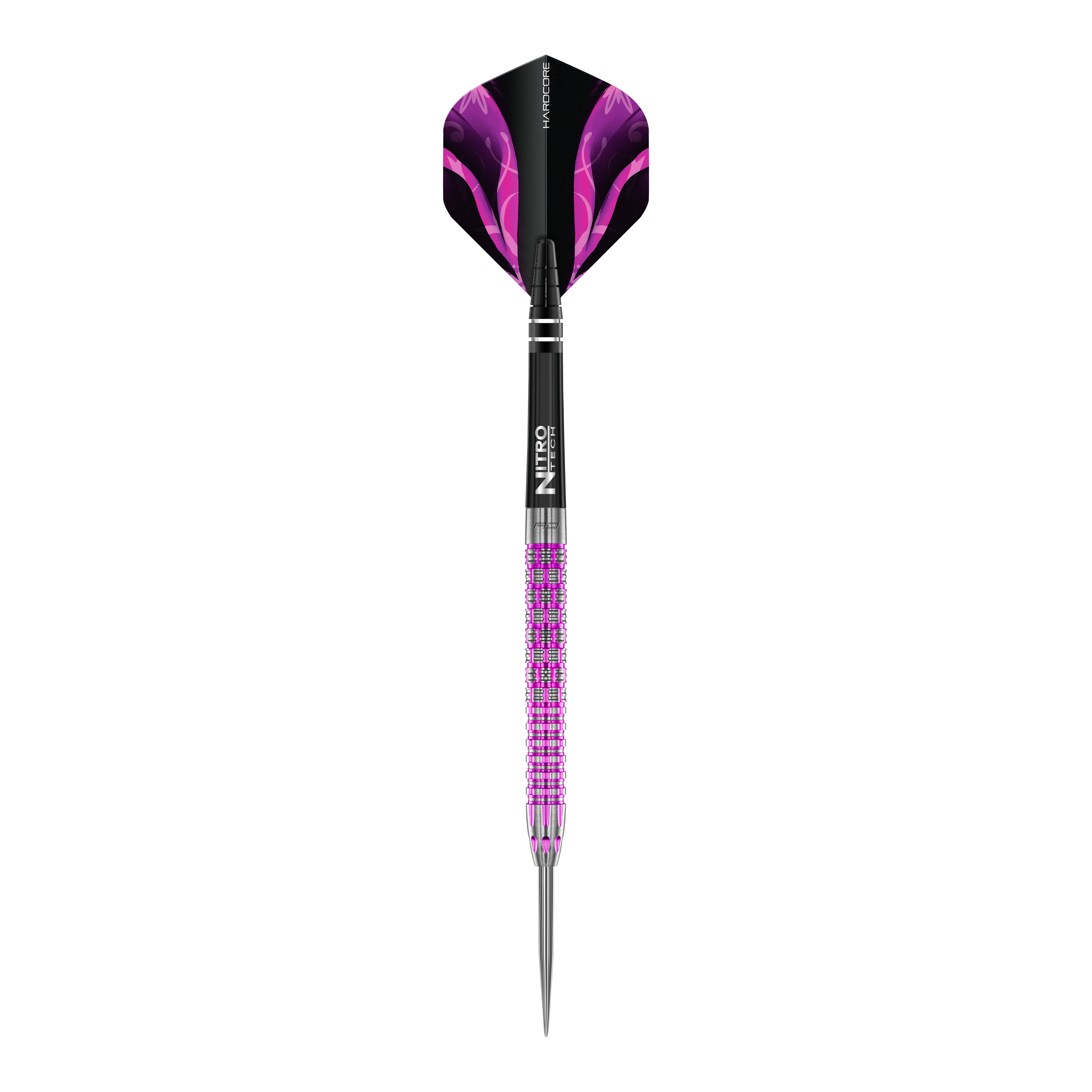 Red Dragon Tyrian Steeldarts Das Bild zeigt einen Red Dragon Tyrian Steeldart mit auffälligen lila und silbernen Details. Der Dart hat eine metallische Spitze und ein schwarzes Flight mit lila Muster.