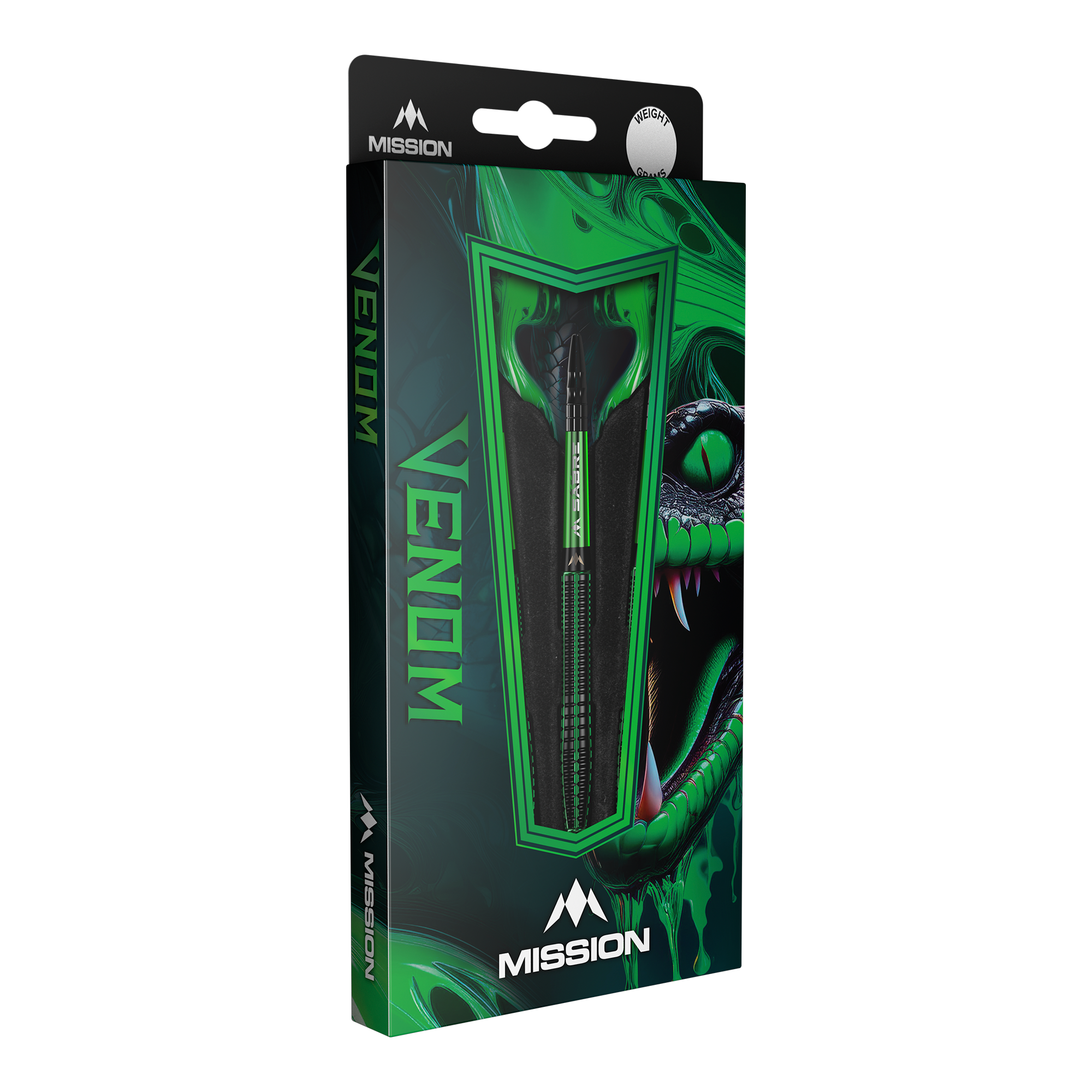 Mission Venom steel darts Die Abbildung zeigt eine Packung der "Mission Venom Steeldarts". Die Verpackung ist hauptsächlich grün und schwarz gestaltet und zeigt ein auffälliges Schlangendesign.