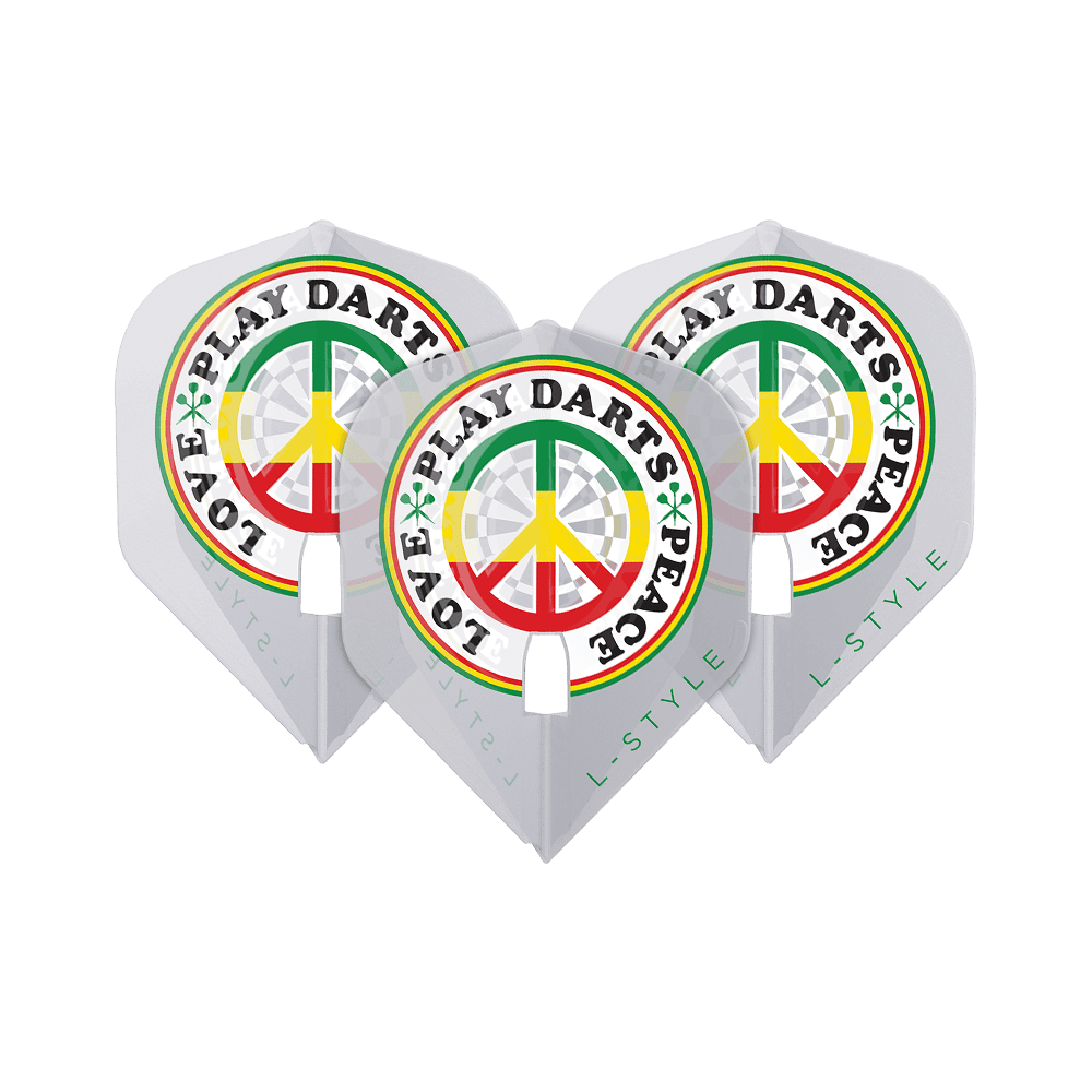 L-Style Deta Hedman V4 Clear White L1PRO Flights Das Bild zeigt drei weiße Dart-Flights der Marke L-Style Deta Hedman V4 L1PRO. Auf den Flights steht in bunten Farben der Schriftzug "LOVE PLAY DARTS PEACE" um ein Peace-Zeichen.