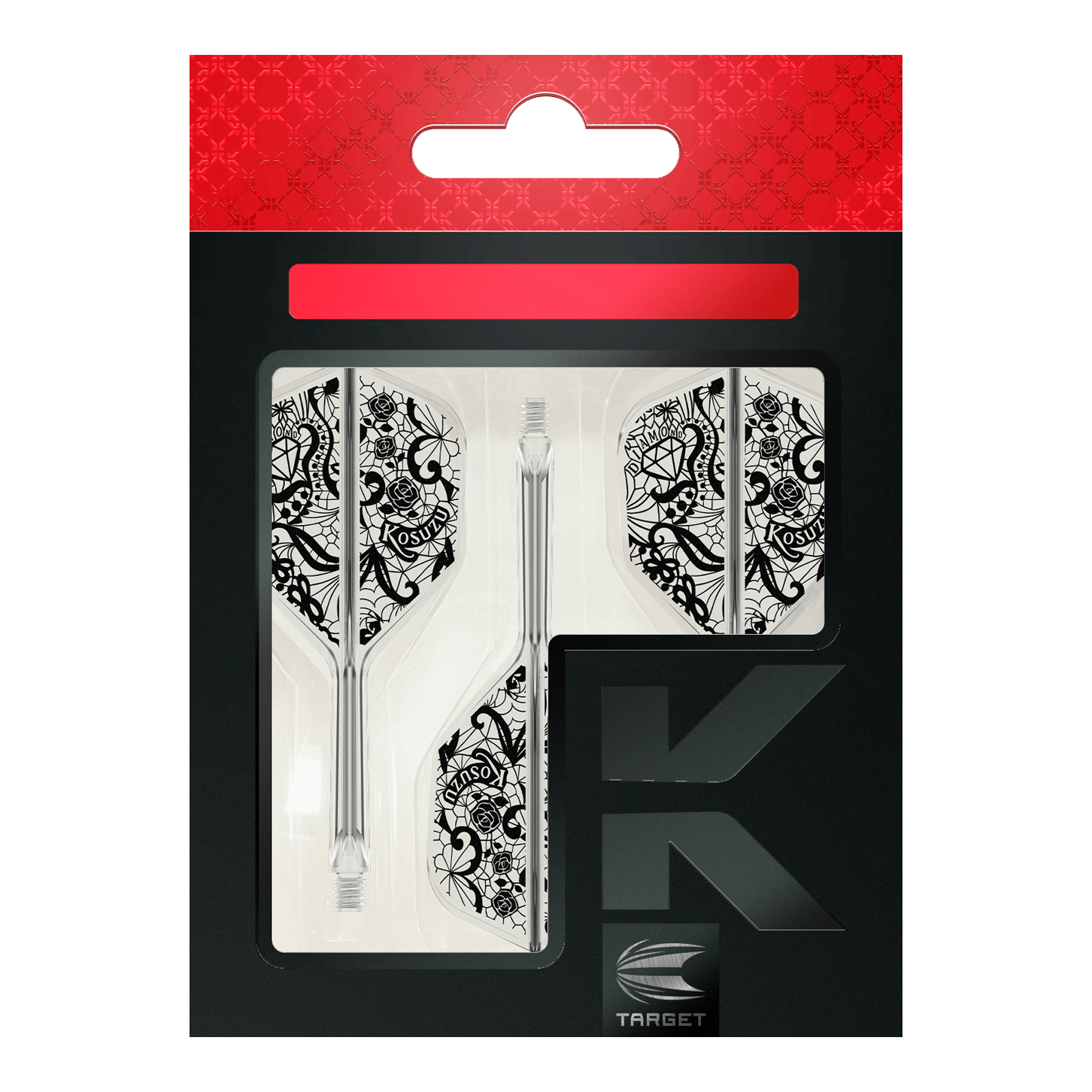 Target Japan K-Flex Diamond No6 Flight Shaft System Das Bild zeigt die Verpackung des Produkts "Target Japan K-Flex Diamond No6 Flight-Shaft-System". Zu sehen sind drei transparente Dartschäfte mit weißen Flights, die ein detailliertes, schwarzes Muster haben.