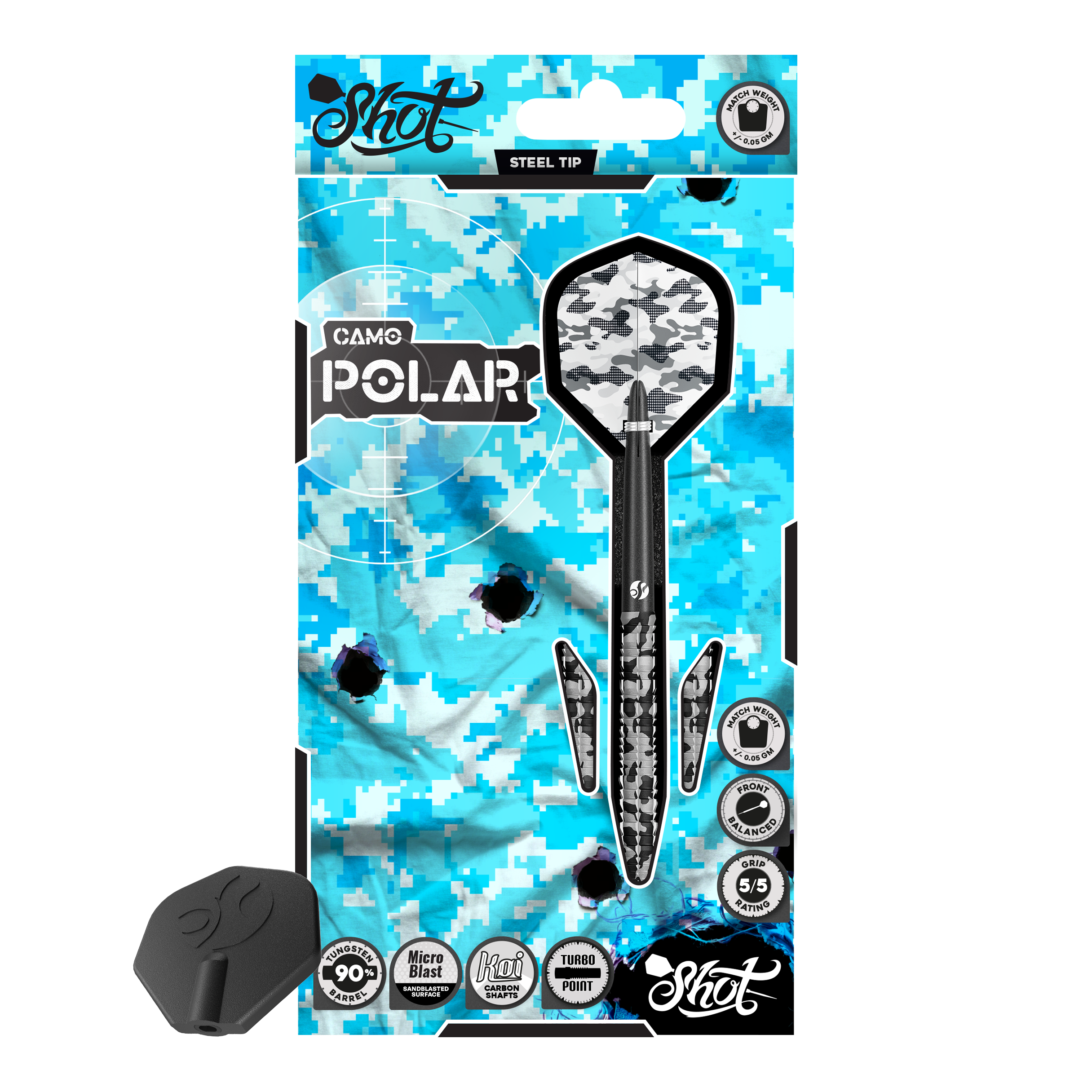 Das Produktbild zeigt Shot Camo Polar TurboPoint Steeldarts. Die Darts unterscheiden sich durch ein Muster.