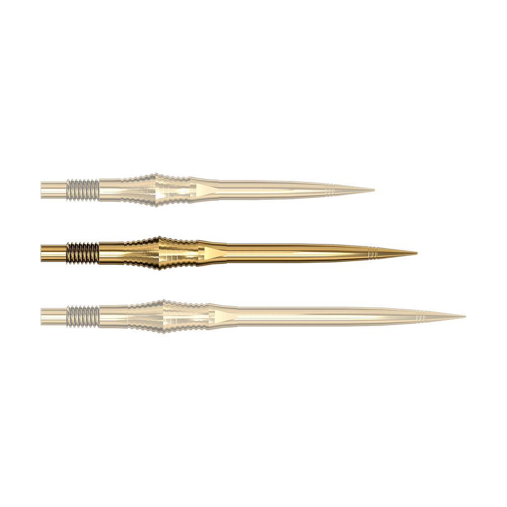 Harrows Quick Point Spire Elite Series Dartspitzen - Gold Dartspitzen der Spire Gold Elite Serie sind abgebildet. Die Spitzen sind goldfarben und schmal.