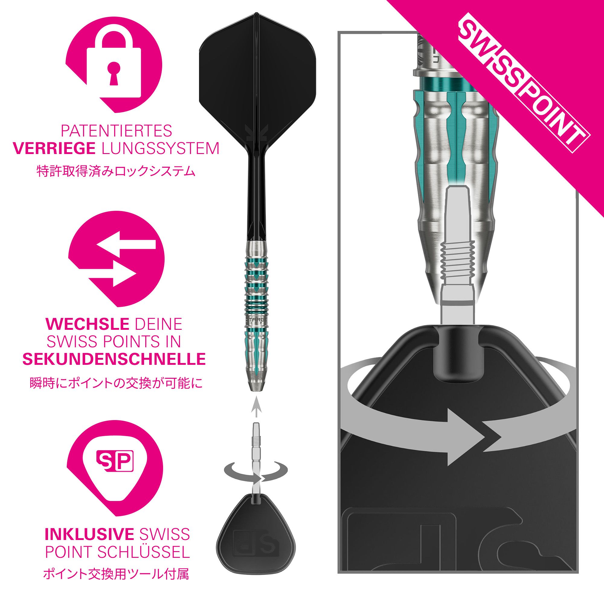 Target Japan Black Marque Pierce Swiss Point Steel Darts Das Bild zeigt das Produkt Target Japan Black Marque Pierce Swiss Point Steeldarts. Die Steeldarts sind speziell für Präzision und Design bekannt.